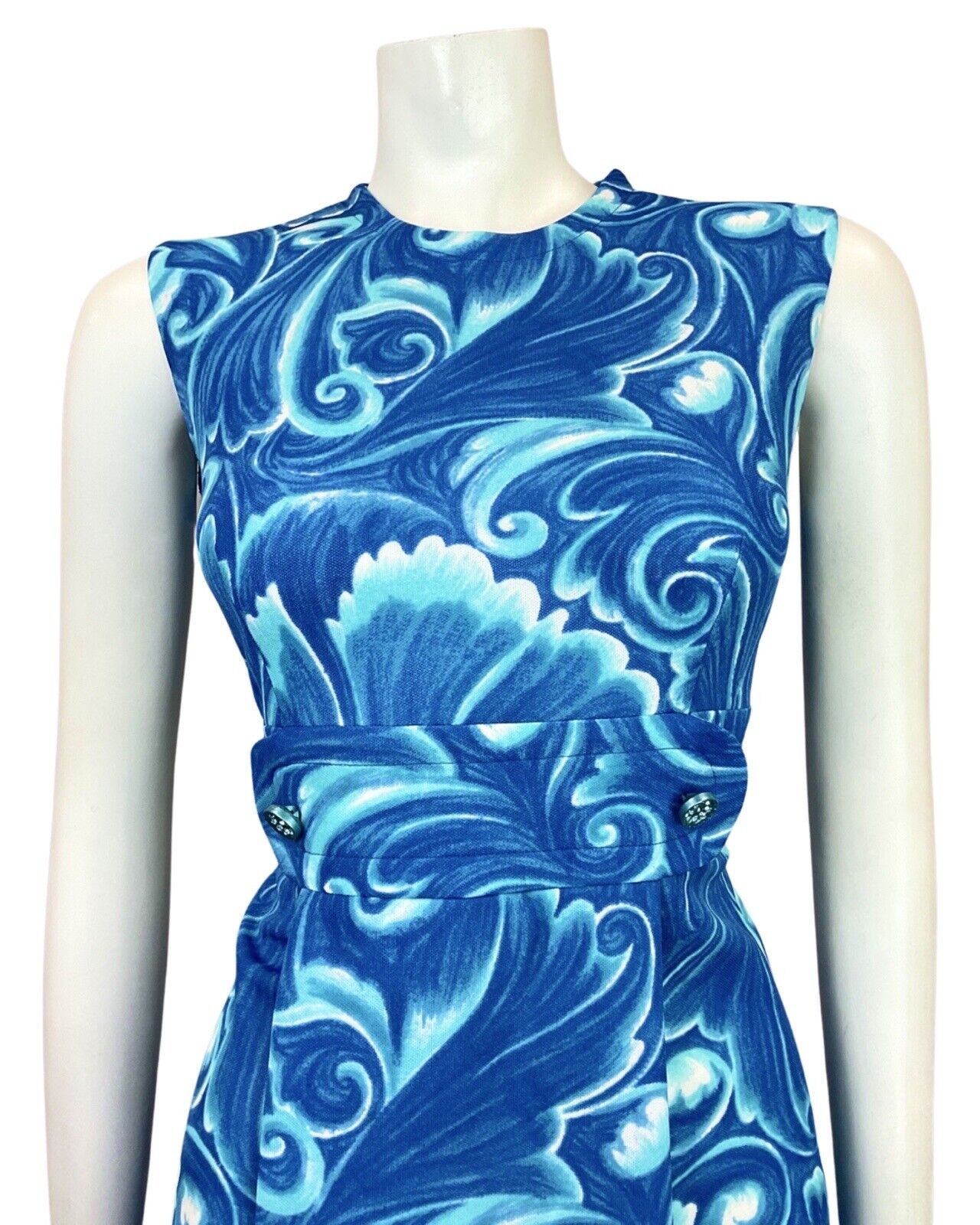 VINTAGE 60s 70s BLUE WHITE PSYCHEDELIC SWIRL MOD SLEEVELESS DRESS 10 12