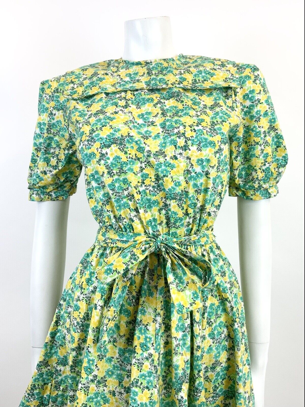 VINTAGE 60s 70s GREEN YELLOW WHITE FLORAL DITSY PRAIRIE FOLK SWING DRESS 8 10