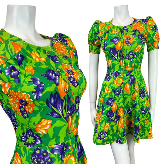 VINTAGE 60s 70s GREEN PURPLE ORANGE FLORAL LEAFY PUFF SLEEVE MOD SUMMER DRESS 8