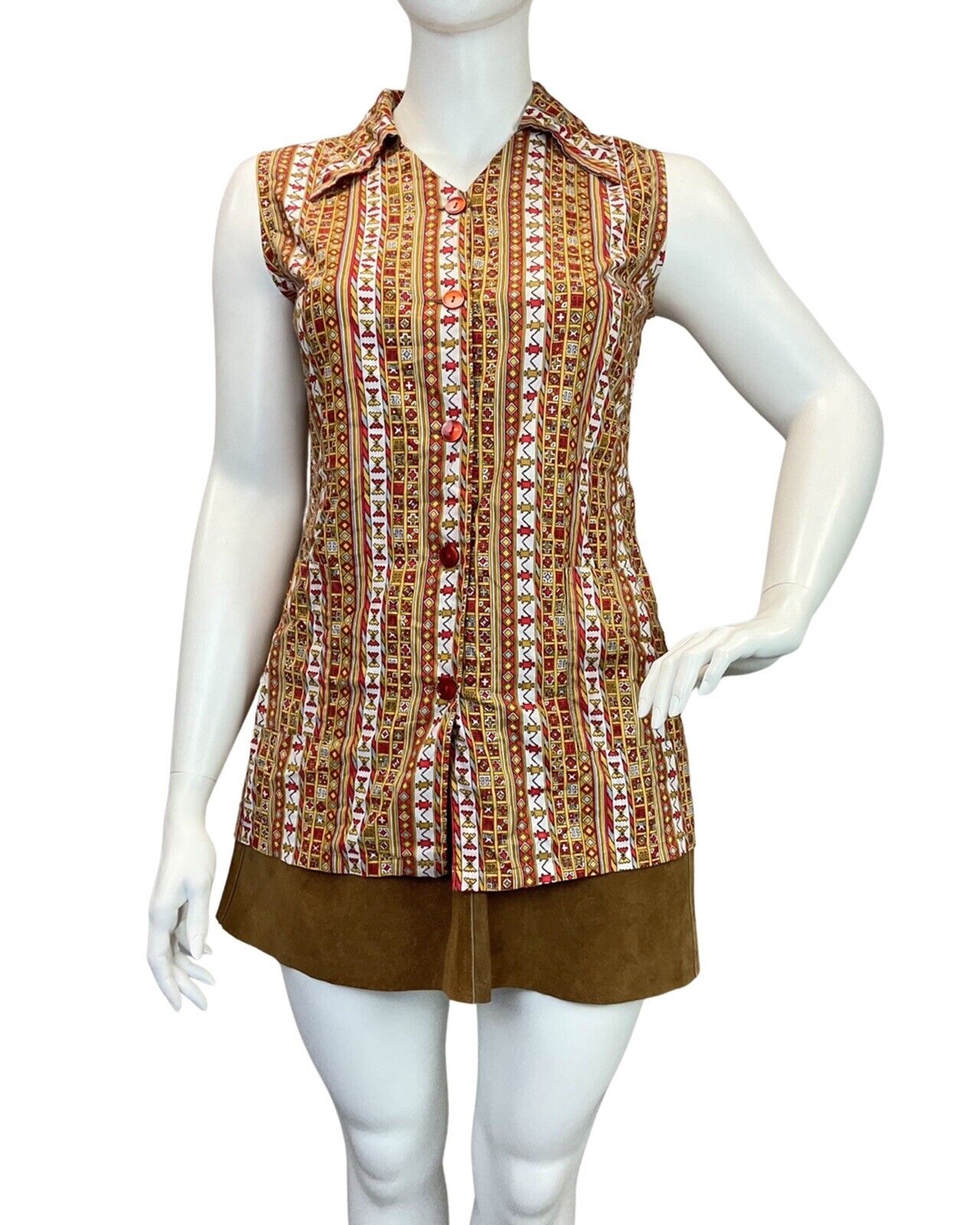 VINTAGE 60s 70s YELLOW RED WHITE GEOMETRIC AZTEC SLEEVELESS DAGGER SHIRT 14 16