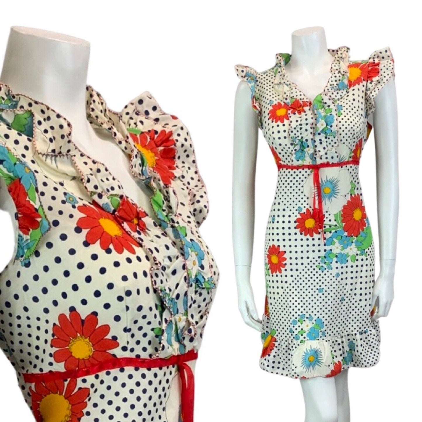 VINTAGE 60s 70s WHITE NAVY BLUE POLKA DOT RED BLUE FLORAL PRINT FLORAL DRESS 12