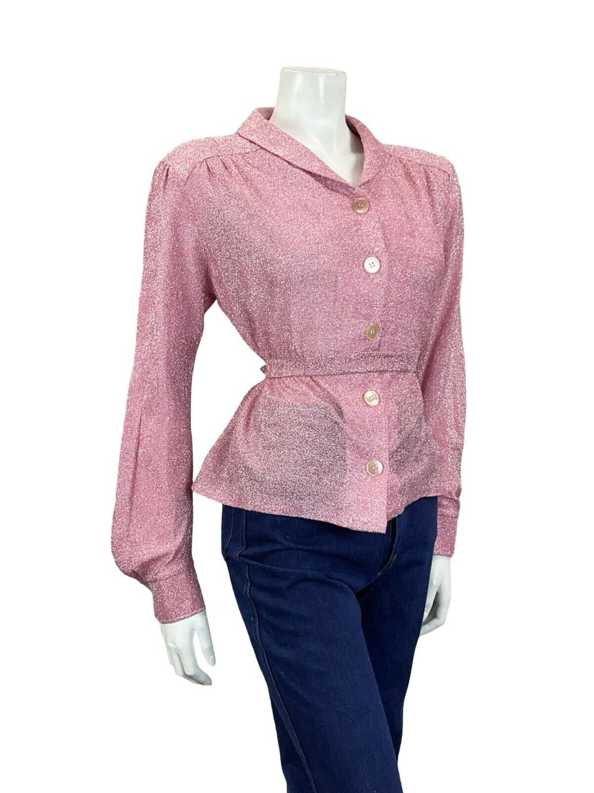 VTG 60S 70S SAILOR COLLAR PINK LUREX BUTTON DOWN TIE WAIST PARTY SHIRT 12 14 M