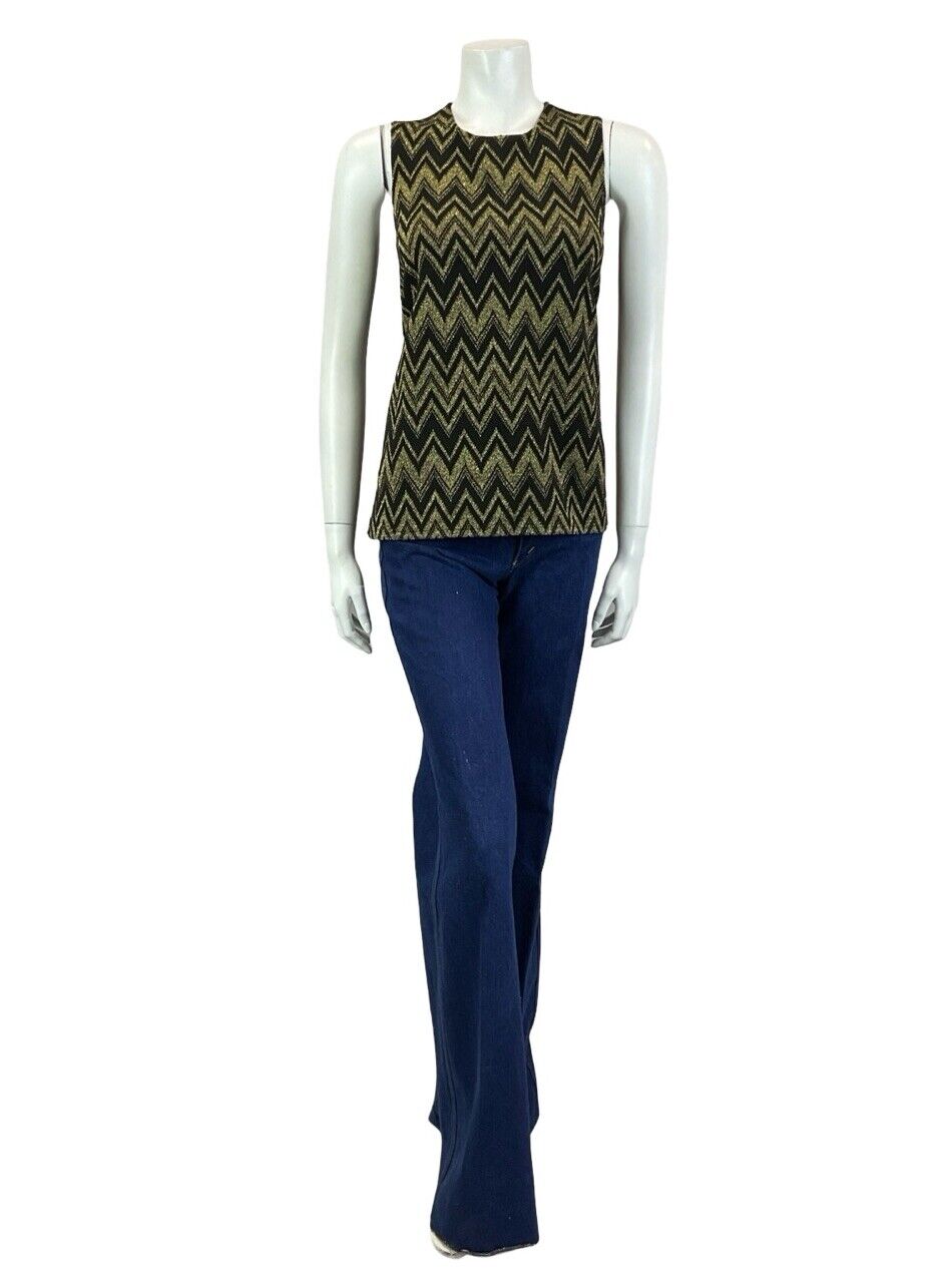 VTG 70S BLACK GOLD GEOMETRIC ZIG ZAG CHEVRON METALLIC DISCO PARTY TANK TOP 8