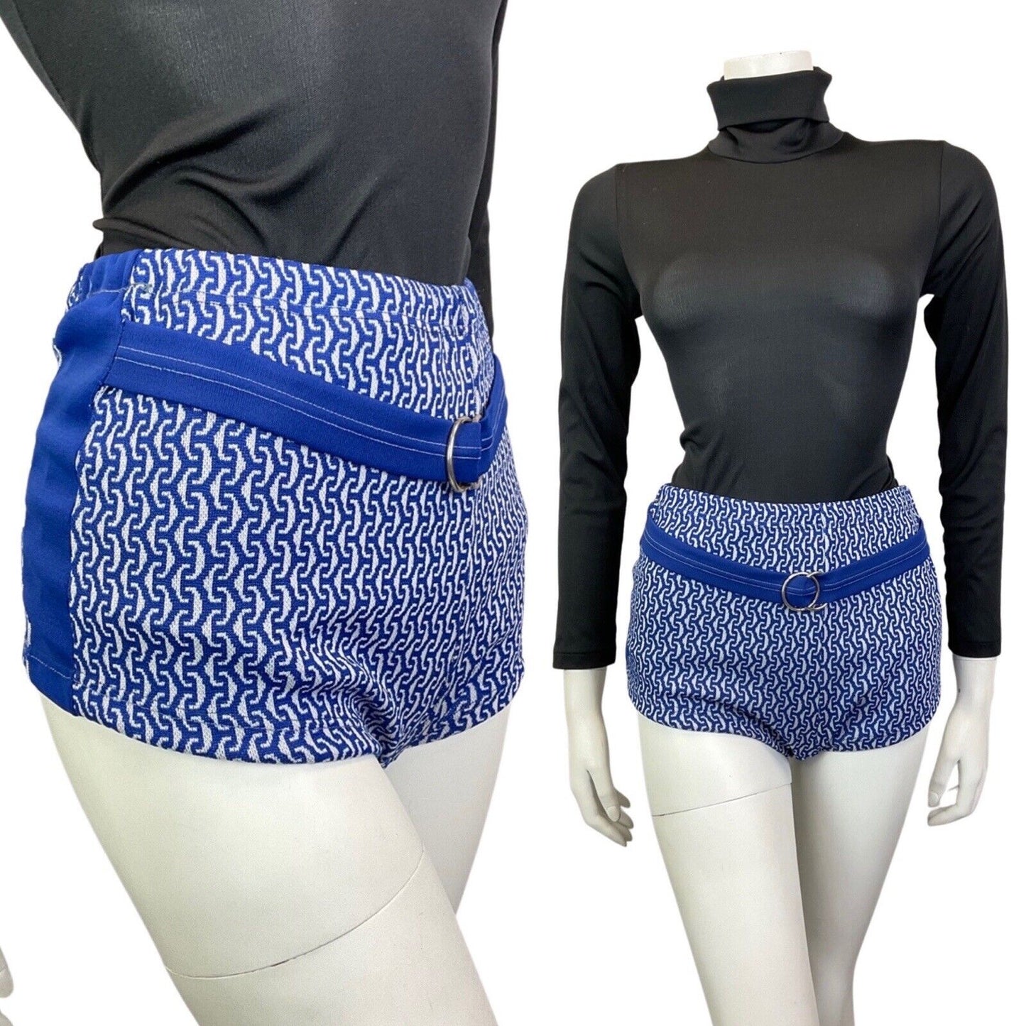 VINTAGE 60s 70s BLUE WHITE GEOMETRIC BELTED MOD HIGH-WAISTED SWIM SHORTS 8 10