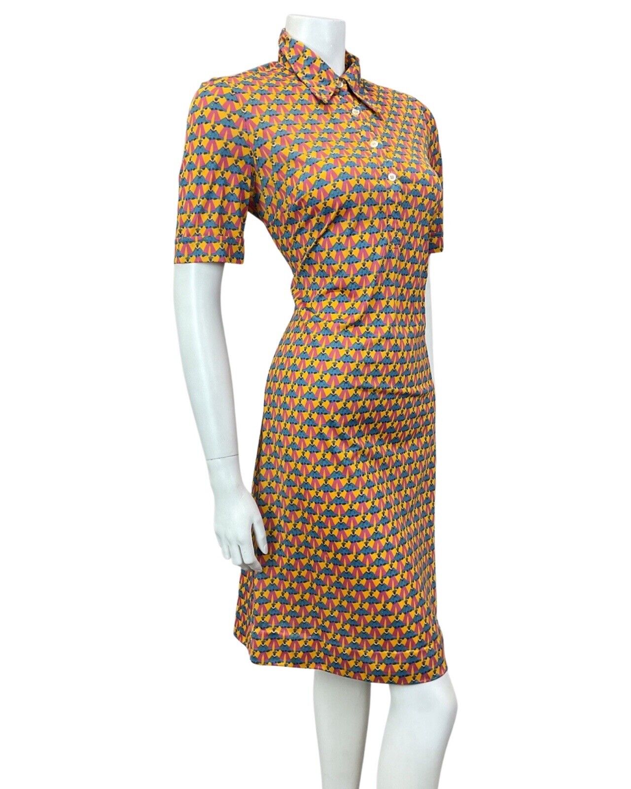 VINTAGE 60s 70s YELLOW BLUE PINK SAILOR FIGURINE PSYCHEDELIC MOD SHIRT DRESS 10