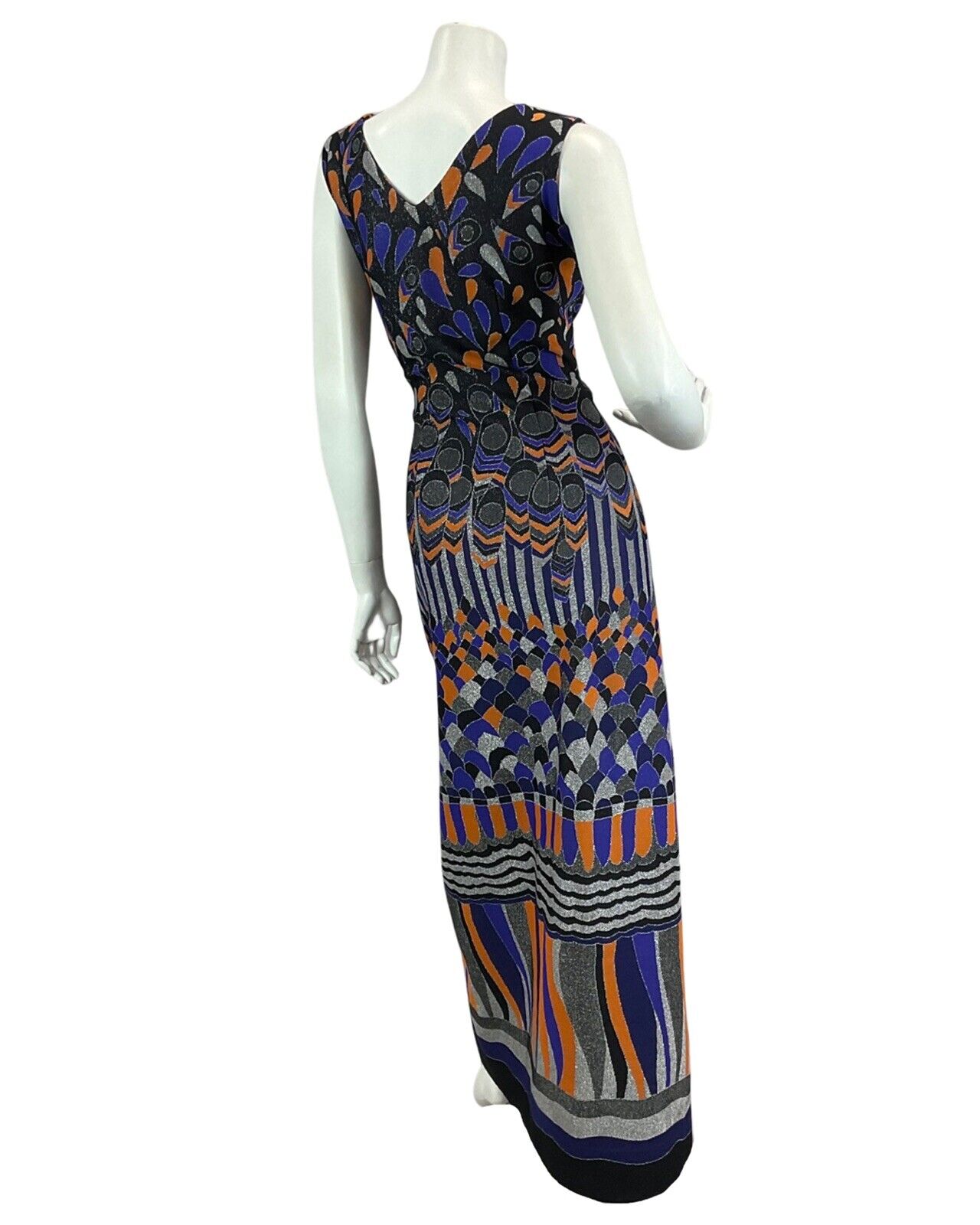 VINTAGE 60s 70s BLACK PURPLE ORANGE SILVER ABSTRACT DISCO PARTY MAXI DRESS 12