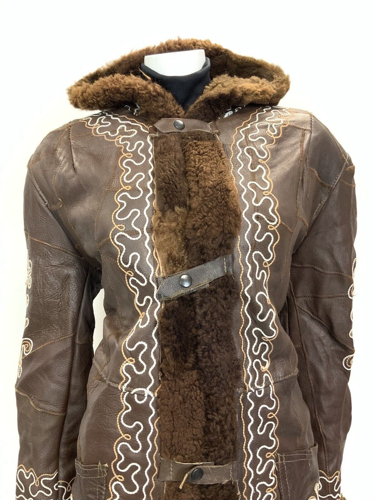 VTG 60s 70s BROWN WHITE EMBROIDERED FLORAL PATCHWORK HOODED LEATHER COAT 16 18