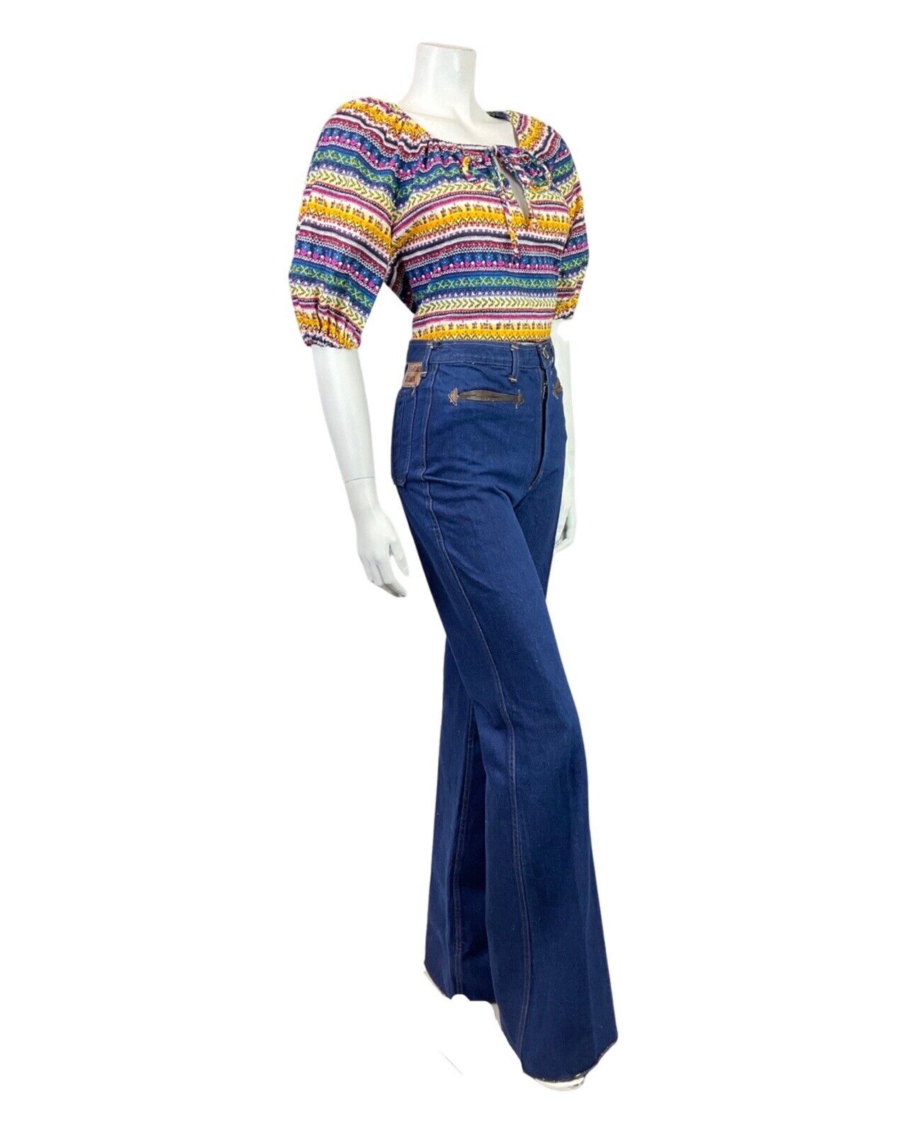 VTG 70s BLUE YELLOW PINK STRIPED DAISY GEOMETRIC PUFF SLEEVE BOHO BLOUSE 12 14