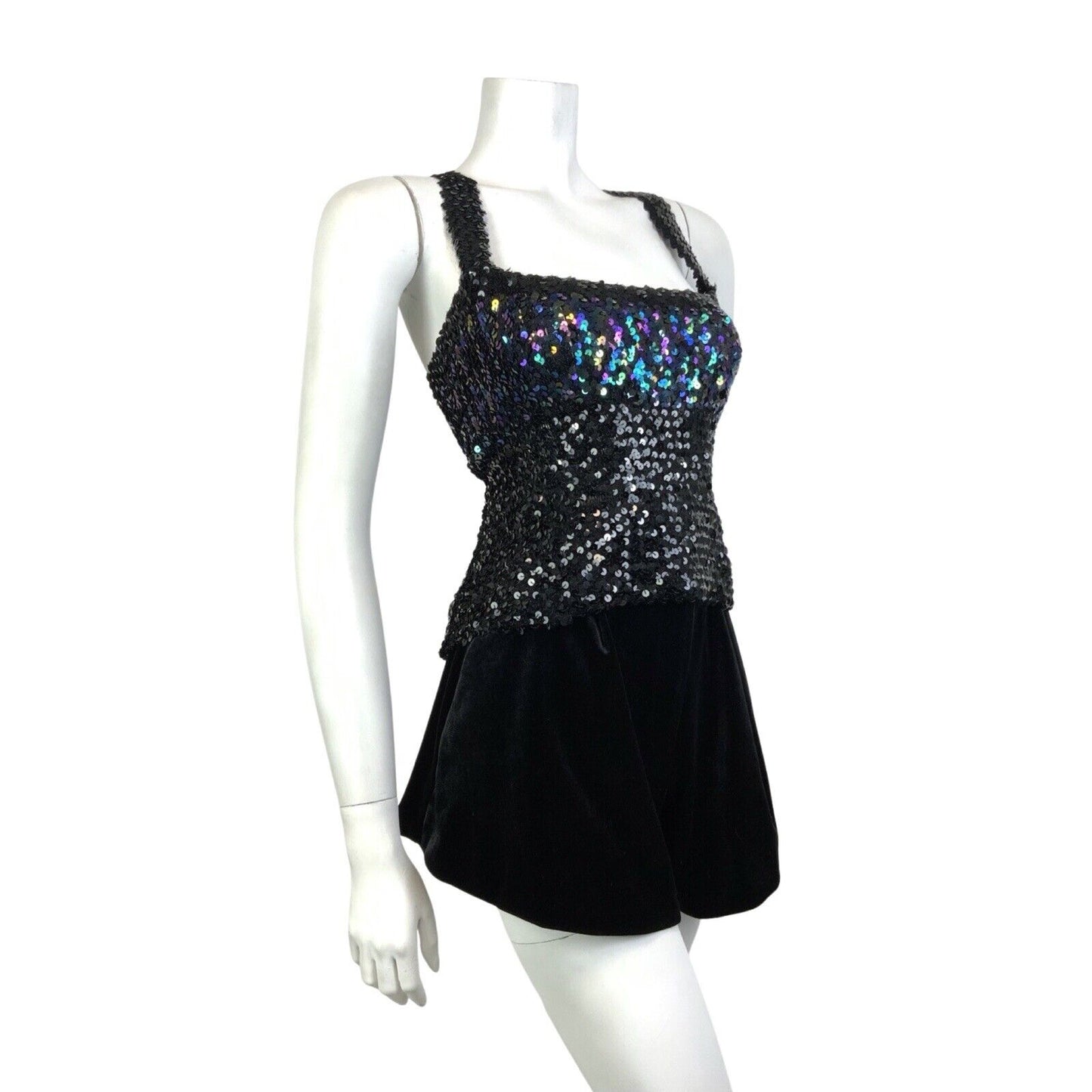 VINTAGE 70s 80s BLACK IRIDESCENT SEQUIN DISCO PARTY STRAPPY CROPPED TOP 14 16