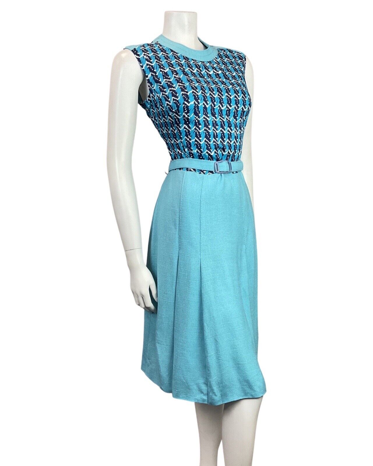 VINTAGE 60s 70s BLUE NAVY WHITE STRIPED ZIG-ZAG MOD BELTED DRESS 10 12