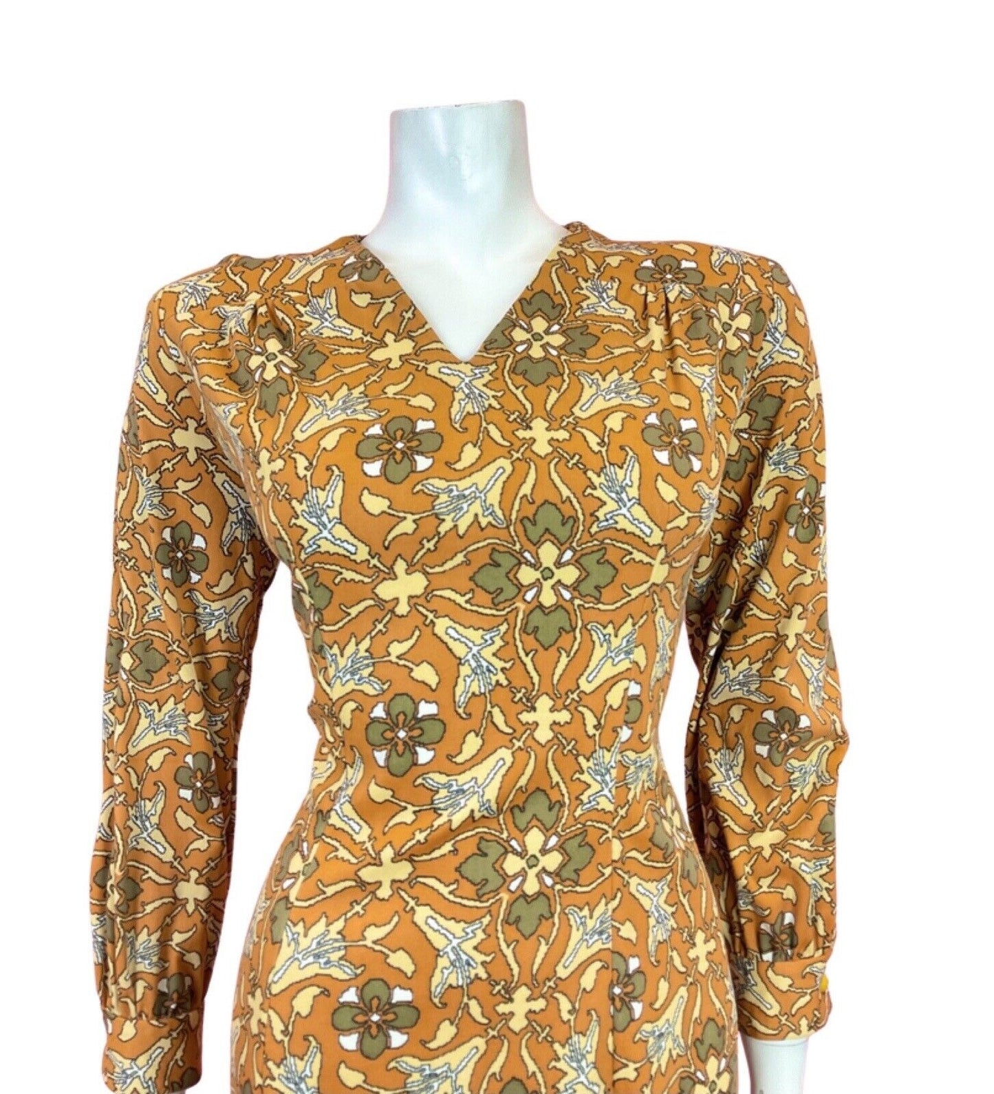 VINTAGE 60s 70s ORANGE BROWN BEIGE FLORAL PIXEL GEOMETRIC MOD DRESS 14 16