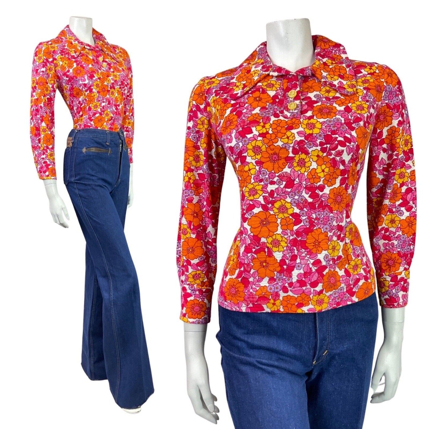 VINTAGE 60s 70s PINK ORANGE RED PSYCHEDELIC FLORAL DAISY BEAGLE COLLAR BLOUSE 8