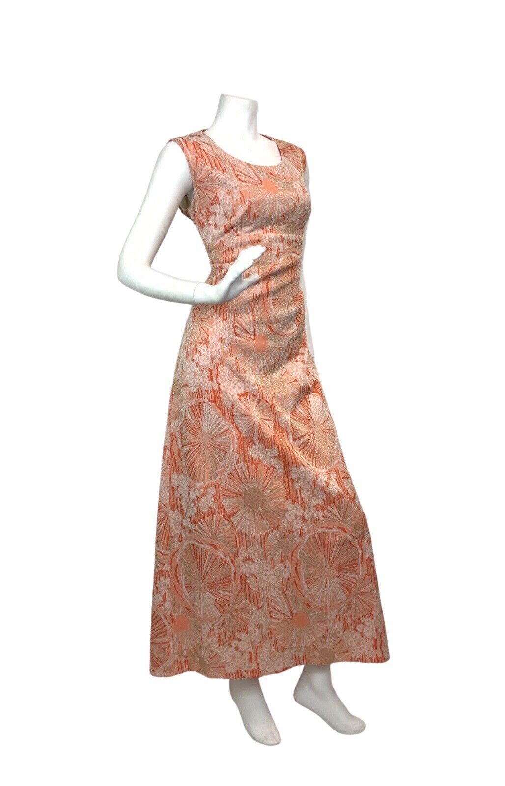 VINTAGE 60s 70s ORANGE WHITE GOLD PSYCHEDELIC FLORAL MOD LUREX MAXI DRESS 10 12