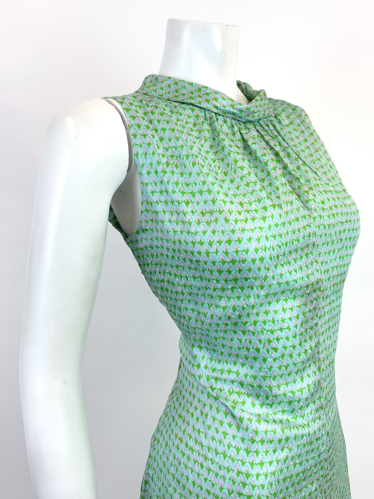 VINTAGE 60s 70s BLUE GREEN PINK GEOMETRIC SLEEVELESS MOD SHIFT DRESS 12