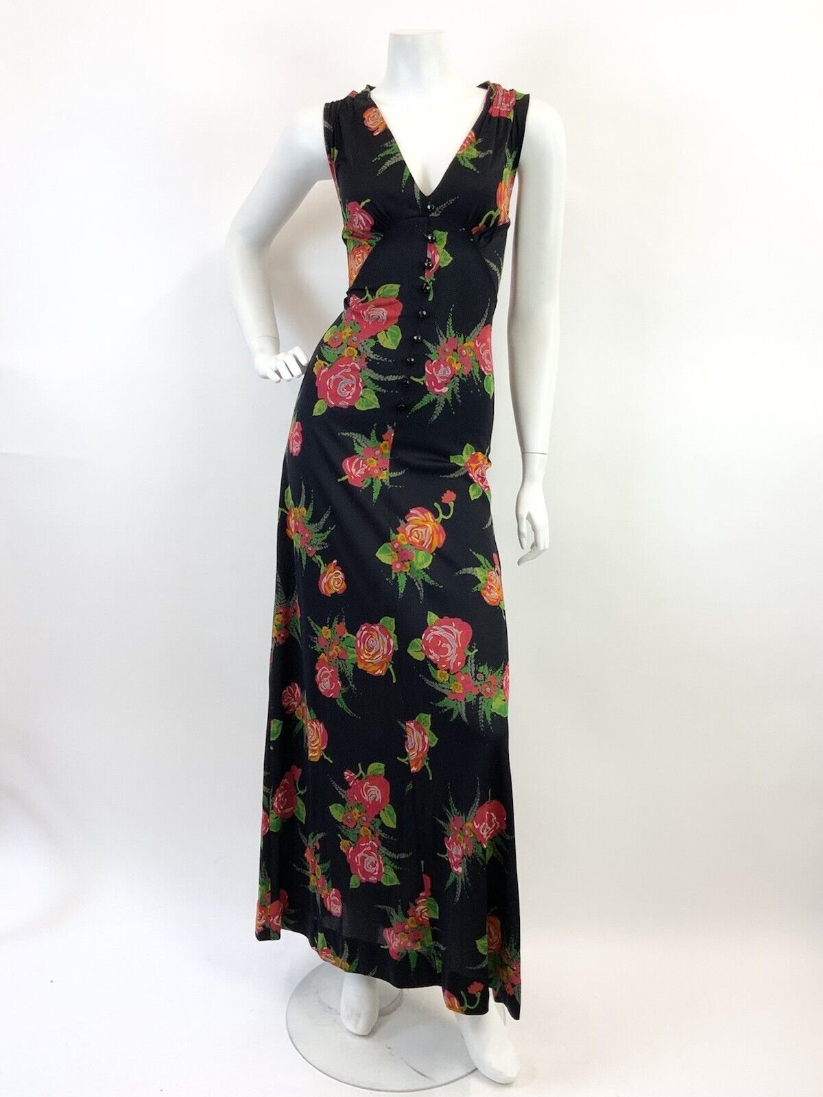 VINTAGE 60s 70s BLACK RED GREEN FLORAL ROSE BOUQUET SLEEVELESS MAXI DRESS 10 12