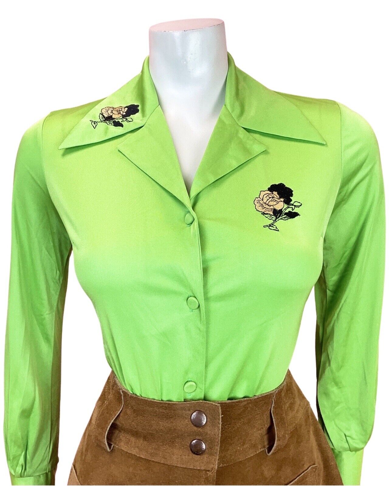 VINTAGE 70s 90s LIME GREEN BLACK EMBROIDERED ROSE MOD DAGGER SHIRT 8 10