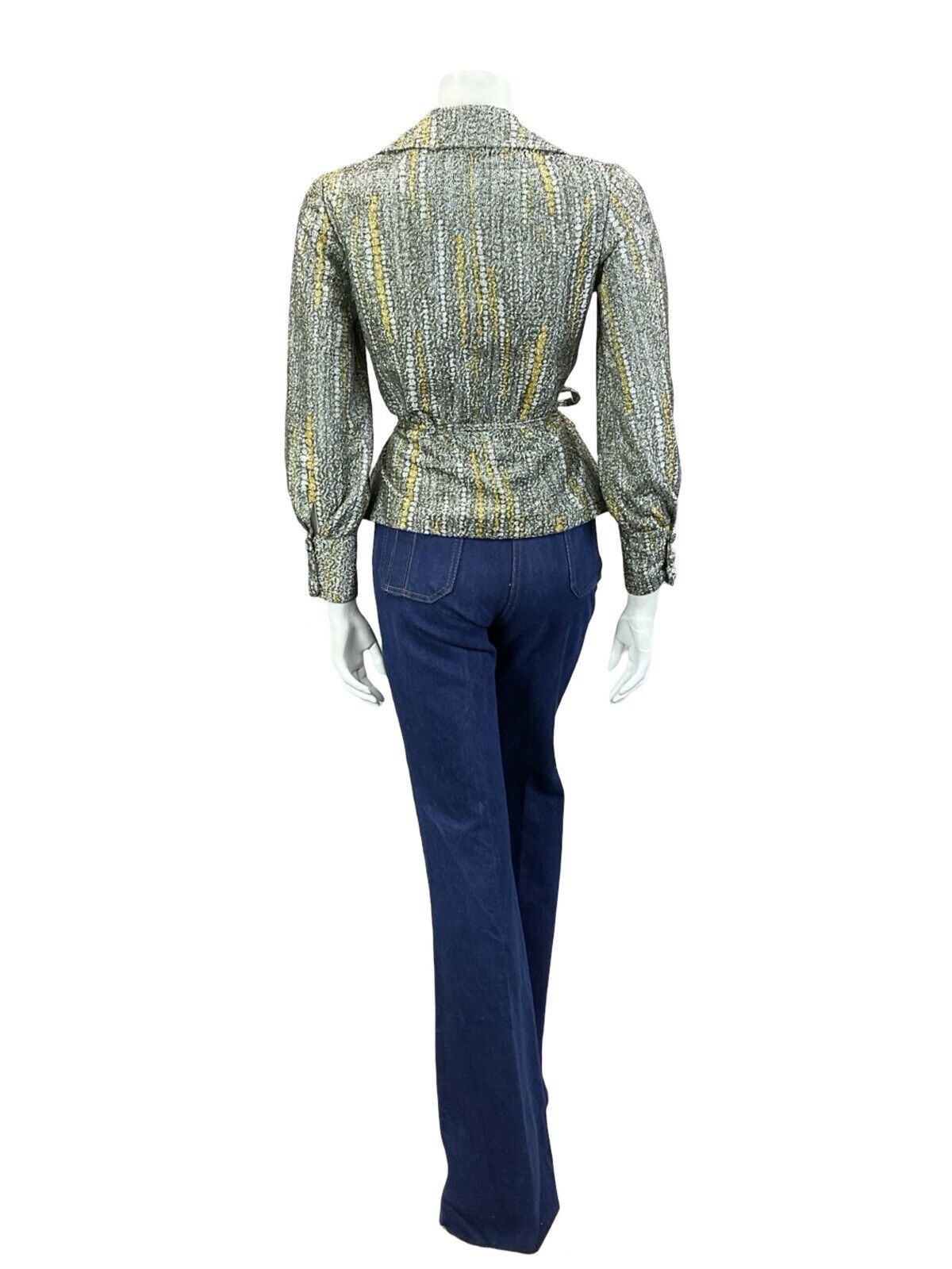 VTG 70S SILVER GOLD SPOTTY METALLIC DAGGER COLLAR BISHOP SLEEVE PARTY SHIRT 8