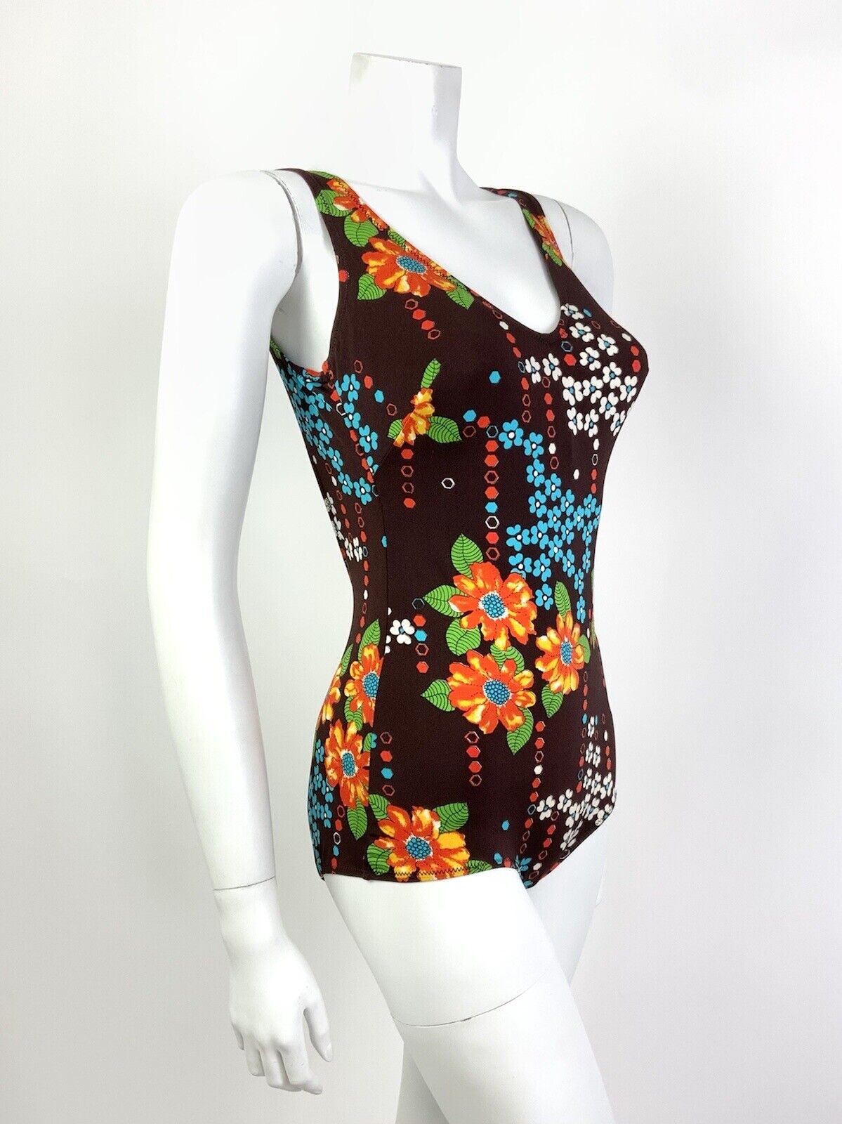 VTG 60s 70s BROWN ORANGE BLUE FLORAL LOW-BACK MOD SWIMSUIT BODY SUIT 10 12