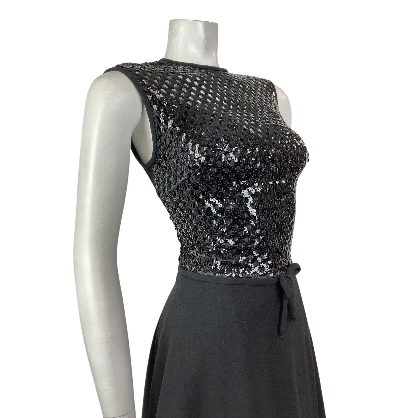 VINTAGE 60s 70s BLACK SEQUIN DISCO GLAM PARTY SLEEVELESS MOD SWING DRESS 10