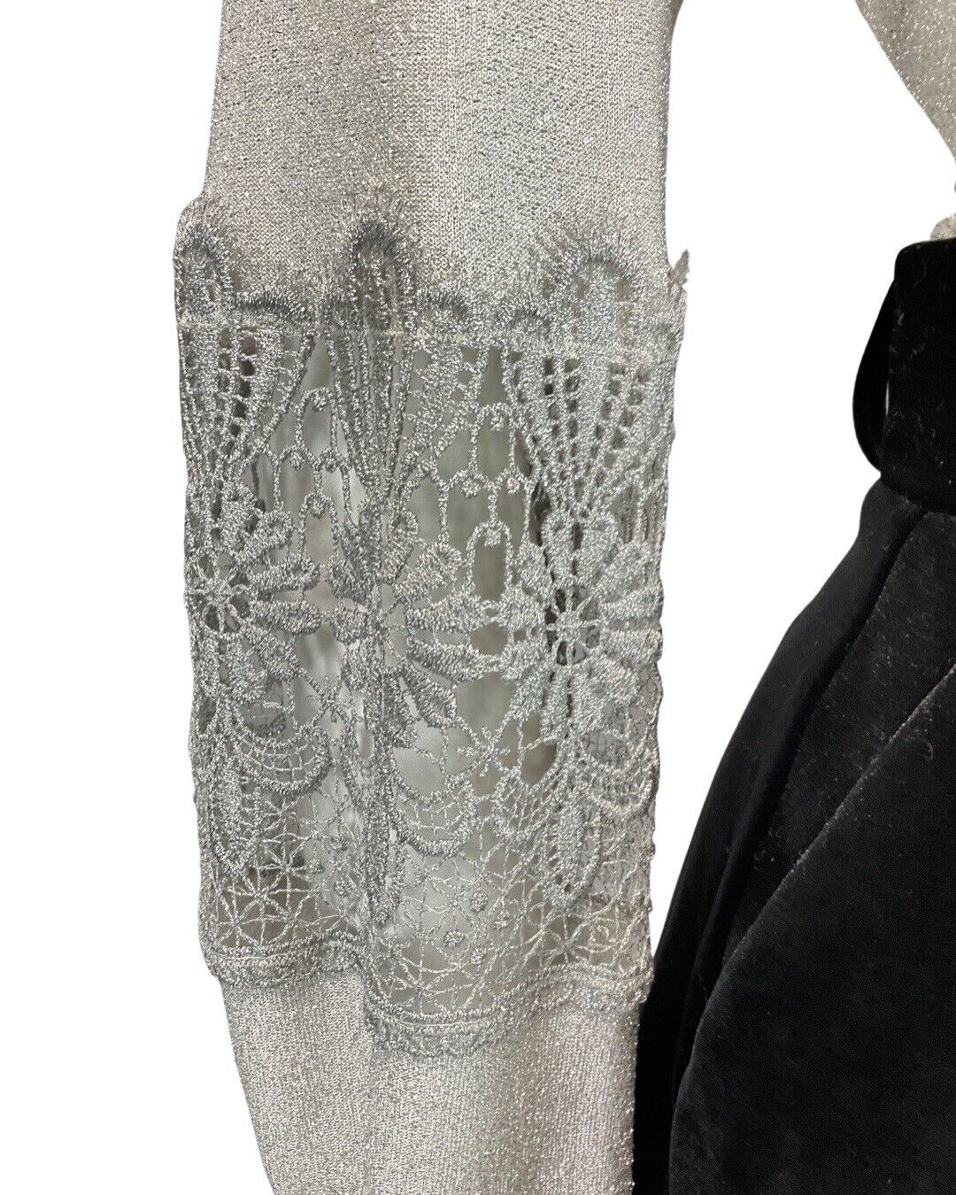 VTG 60s 70s METALLIC SILVER LUREX LACE DISCO PARTY STUDIO 54 JACKET BLOUSE 12 14