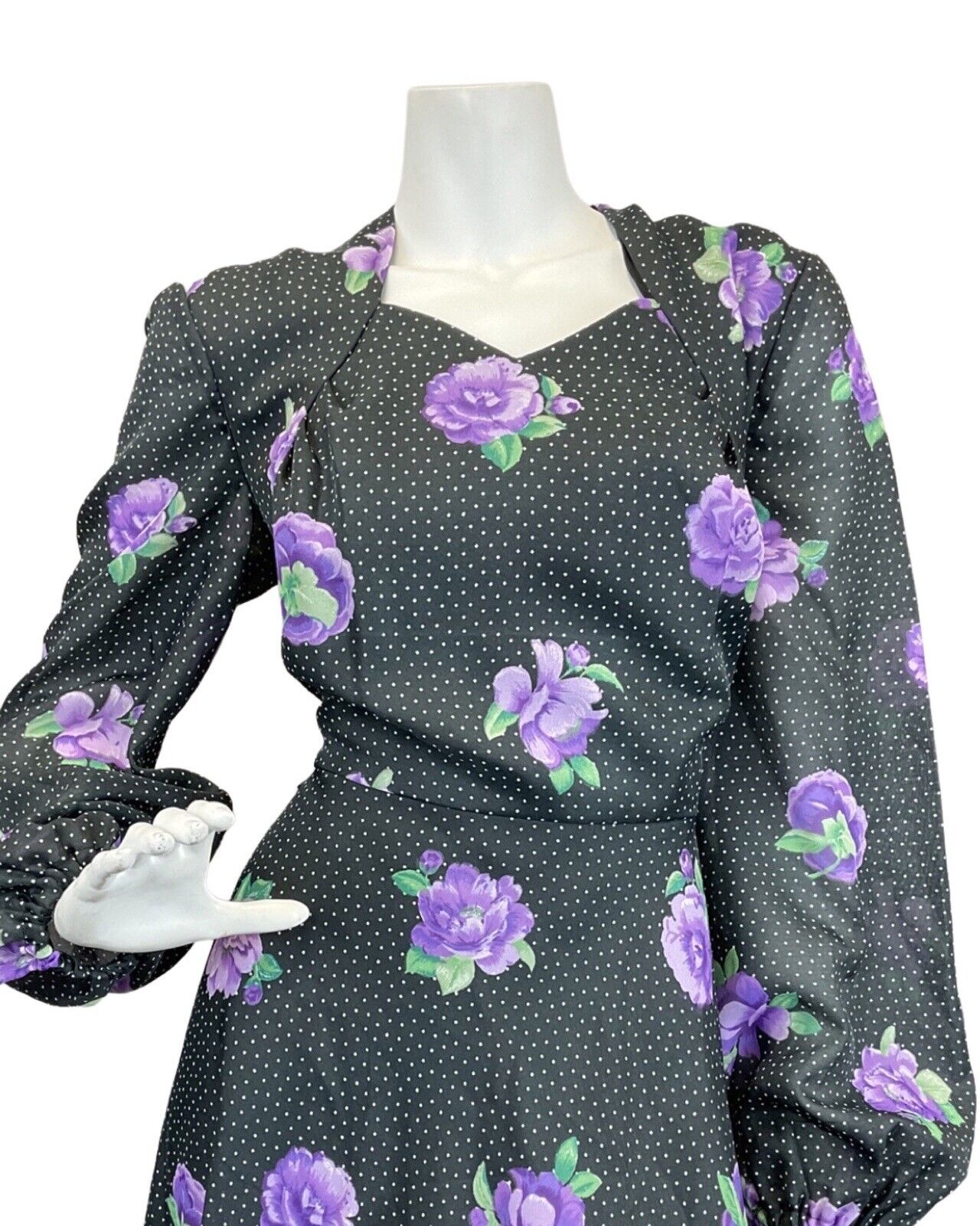VINTAGE 70s BLACK WHITE PURPLE POLKA-DOT FLORAL PUFF SLEEVE BOHO MAXI DRESS 16
