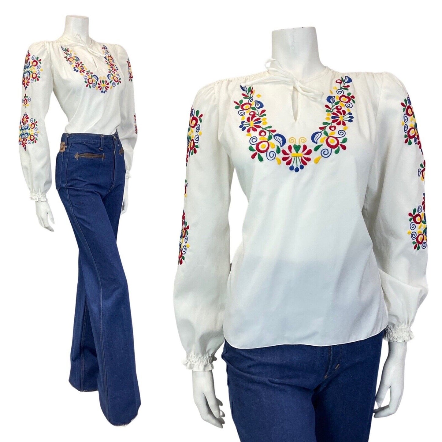 VINTAGE 60s 70s WHITE RED GREEN YELLOW FLORAL EMBROIDERED BOHO FOLK BLOUSE 12