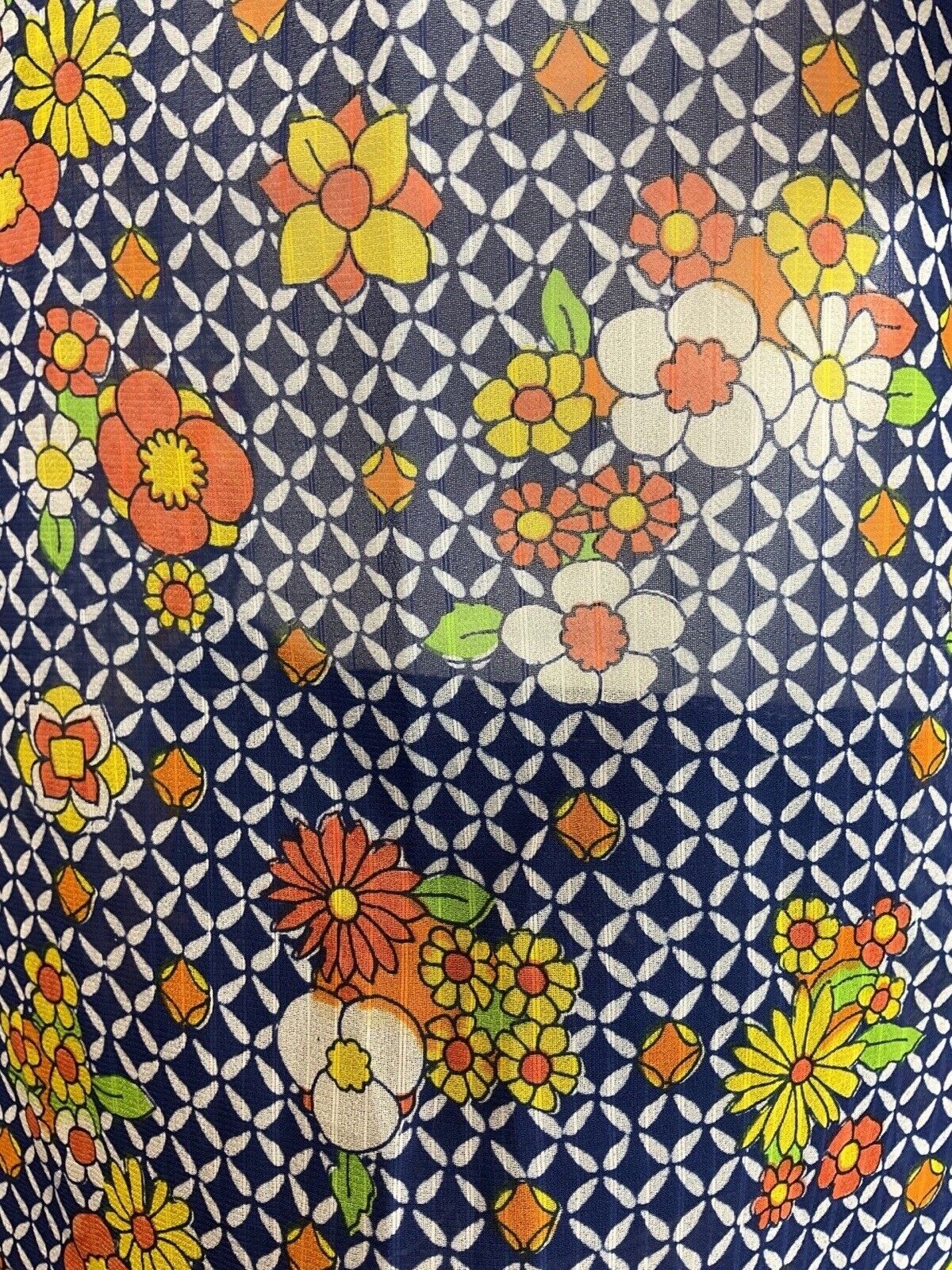 VINTAGE 60s 70s BLUE WHITE ORANGE CHECKED FLORAL PUSSYBOW SHEER BLOUSE 10 12