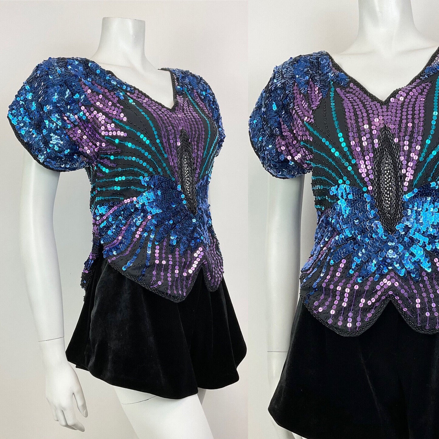 VINTAGE 70s BLUE PURPLE TEAL SEQUIN FLORAL STUDIO 54 DISCO GLAM BLOUSE TOP 8