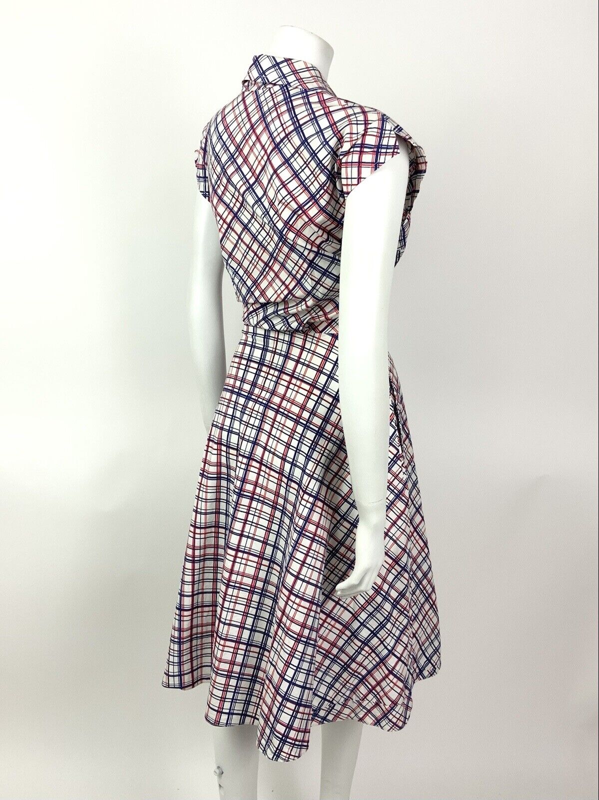 VINTAGE 60s 70s WHITE BLUE RED GRID CHECKED MOD WING SHIRT DRESS 10 12