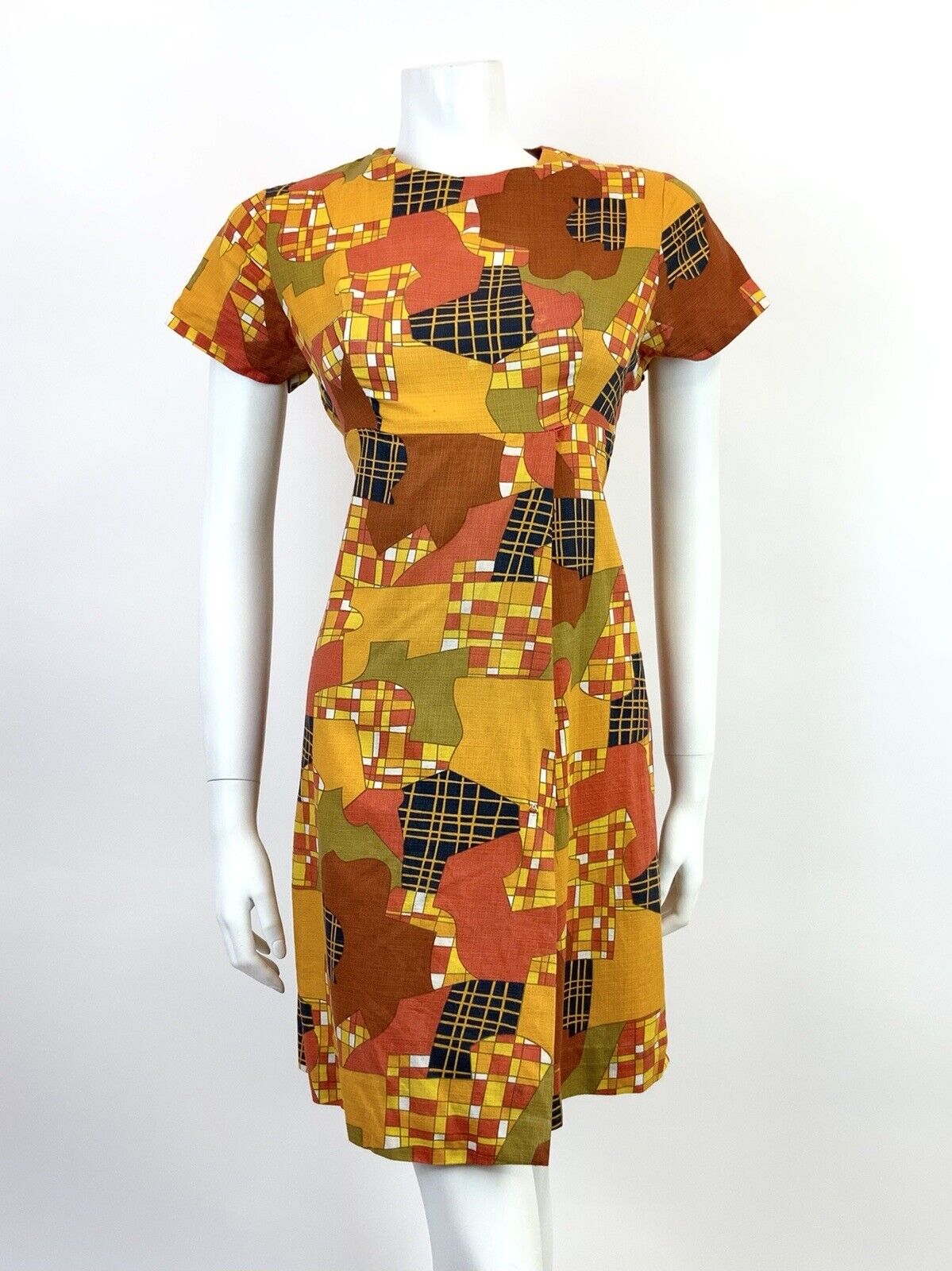 VTG 60s 70s ORANGE YELLOW RED BLACK PSYCHEDELIC CHECKED ABSTRACT MOD DRESS 12