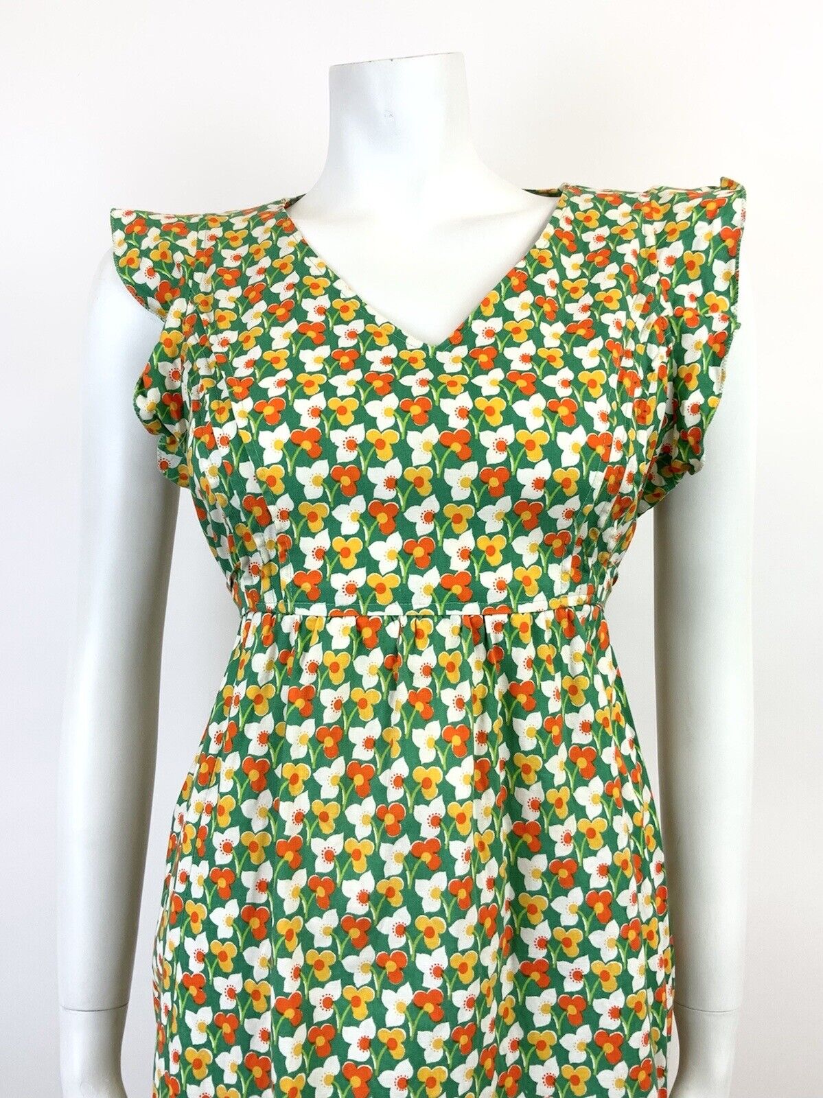 VTG 60s 70s GREEN WHITE ORANGE YELLOW FLORAL MOD SLEEVELESS SUMMER DRESS 12 14