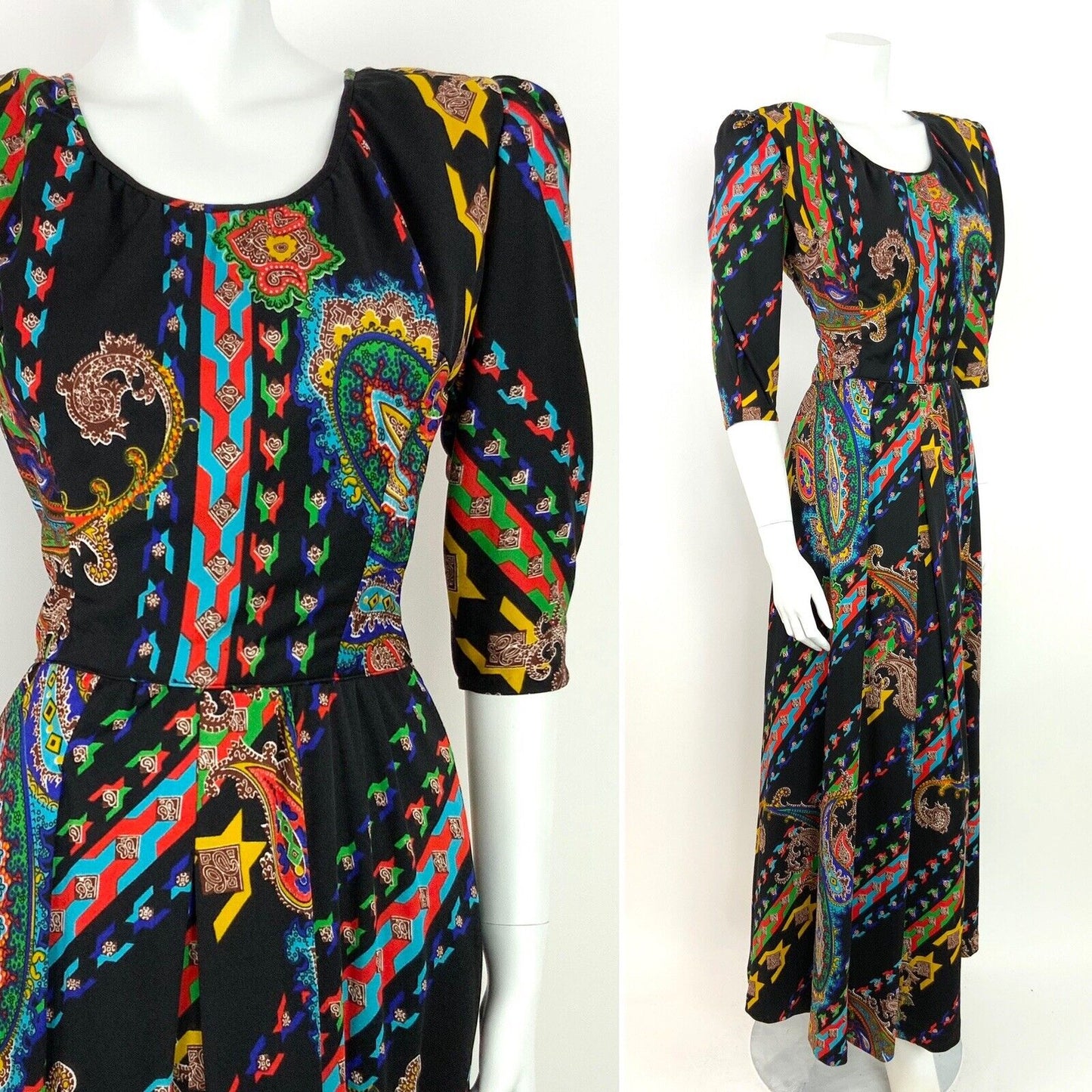 VINTAGE 60s 70s PAISLEY PSYCHEDELIC BLACK YELLOW BLUE RED GREEN MAXI DRESS 8