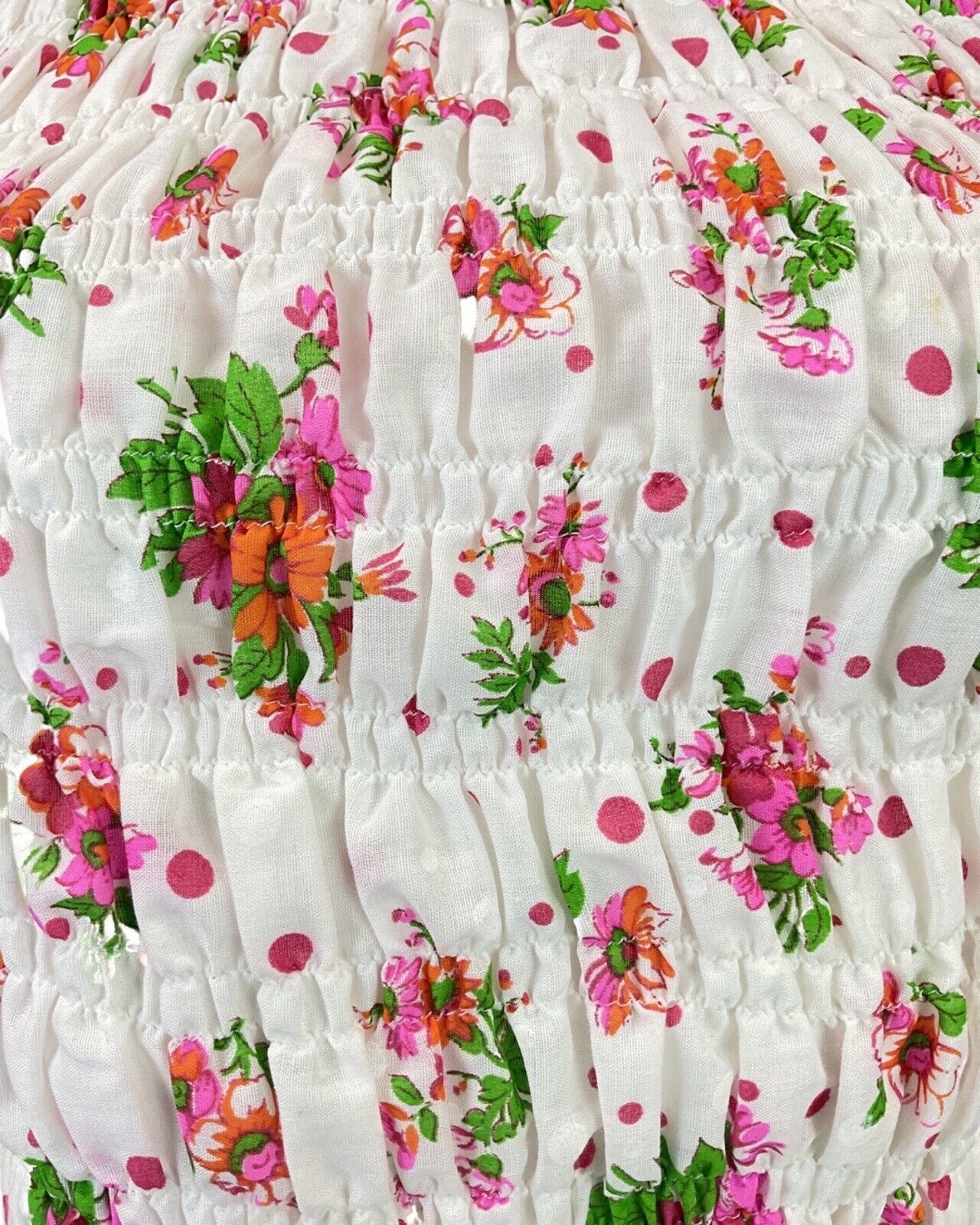 VINTAGE 70s WHITE PINK GREEN FLORAL DITTY SHIRRED PUFF-SLEEVE BOHO FOLK BLOUSE 6