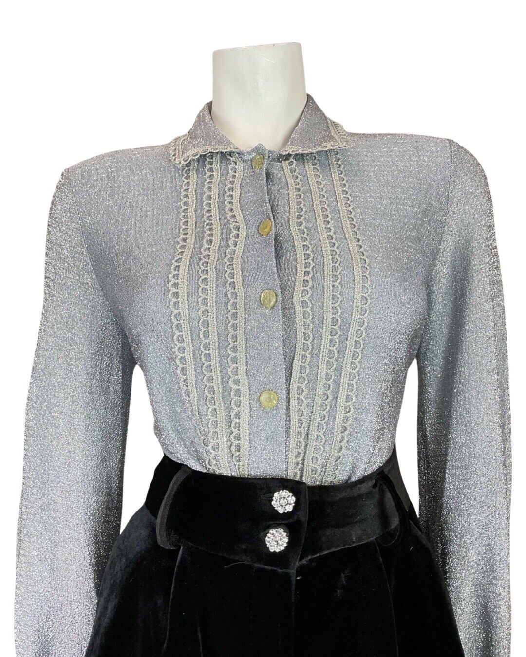 VINTAGE 60s 70s SILVER SCALLOPED GLITTER DISCO PARTY STUDIO 54 LUREX SHIRT 14 16