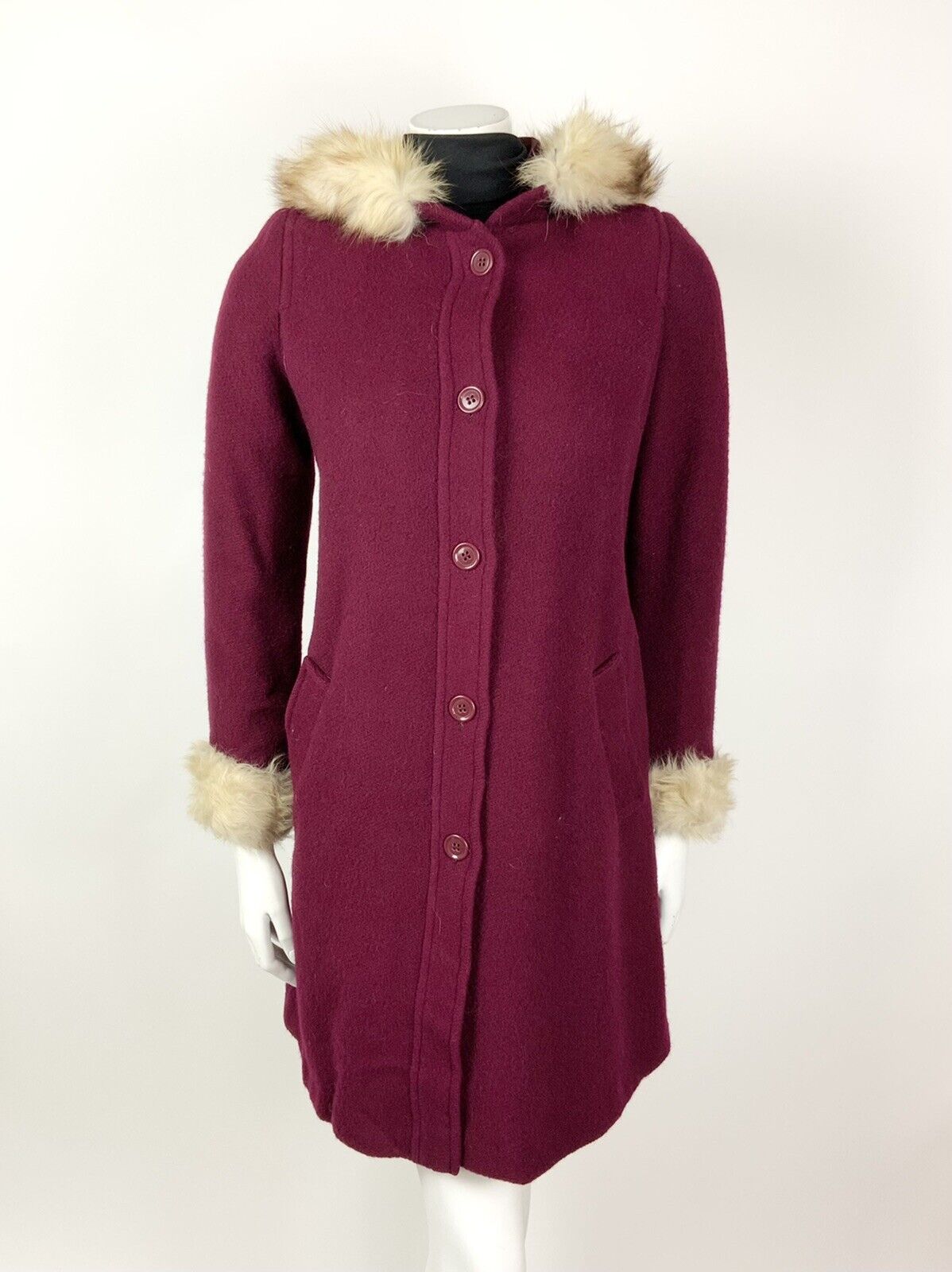 VINTAGE 60s 70s RASPBERRY RED HOODED WHITE FUR TRIM MOD SWING COAT 12 14 16