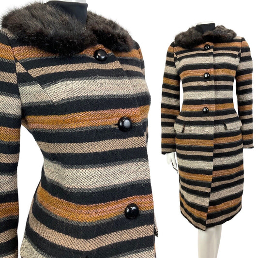 VINTAGE 60s 70s BLACK WHITE ORANGE STRIPED FUR COLLAR MOD WOOL SWING COAT 14 16
