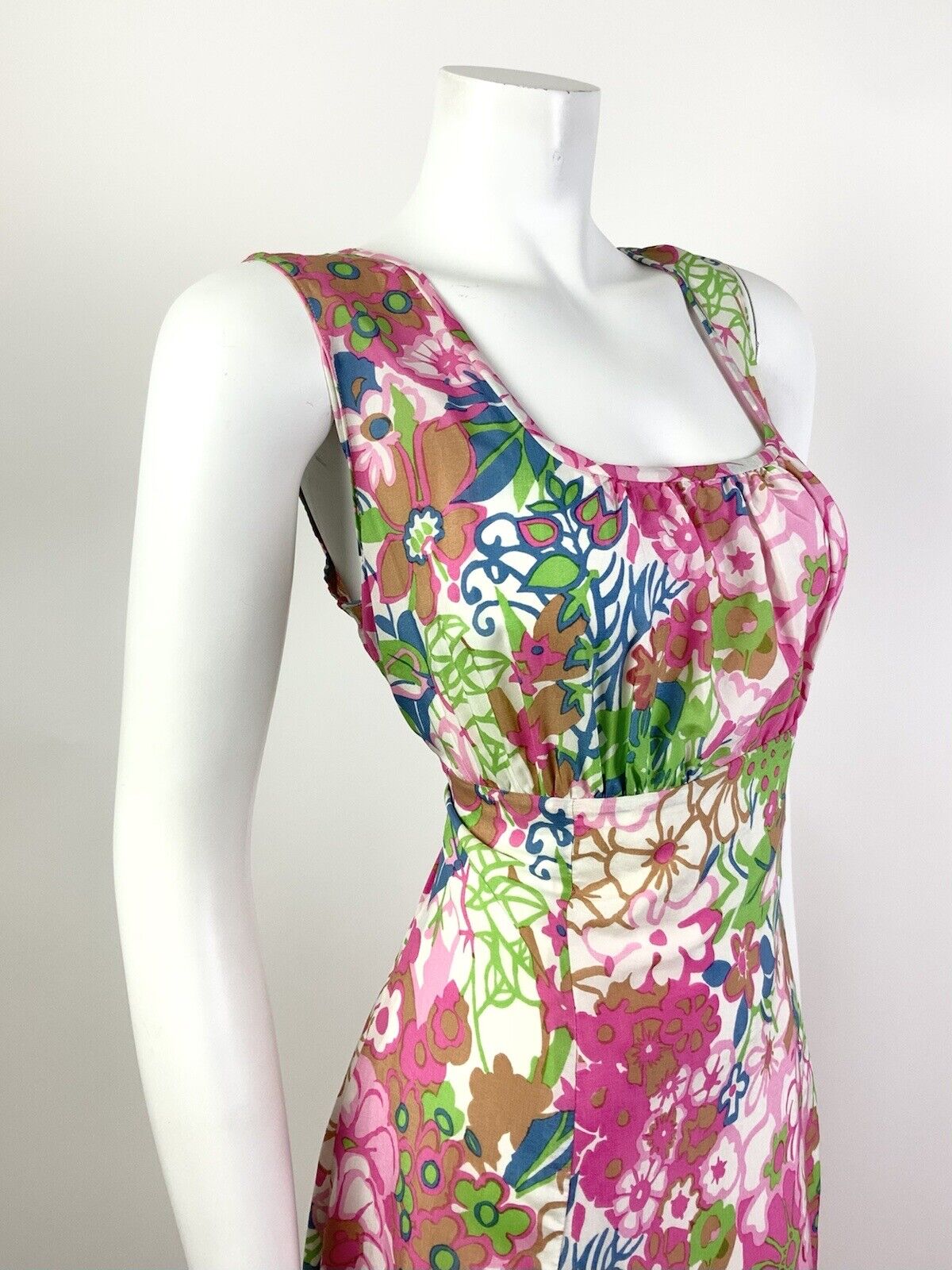 VINTAGE 60s 70s PINK WHITE GREEN BLUE PSYCHEDELIC FLORAL MOD EMPIRE DRESS 12 14