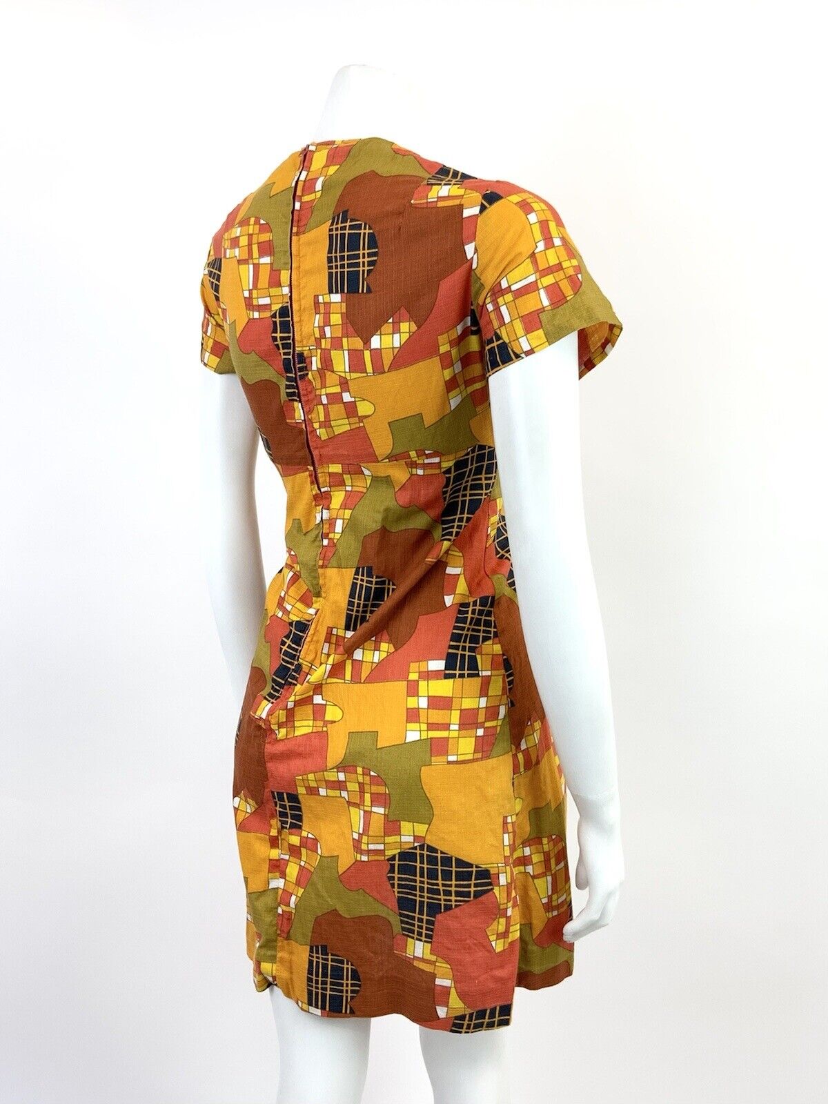 VTG 60s 70s ORANGE YELLOW RED BLACK PSYCHEDELIC CHECKED ABSTRACT MOD DRESS 12