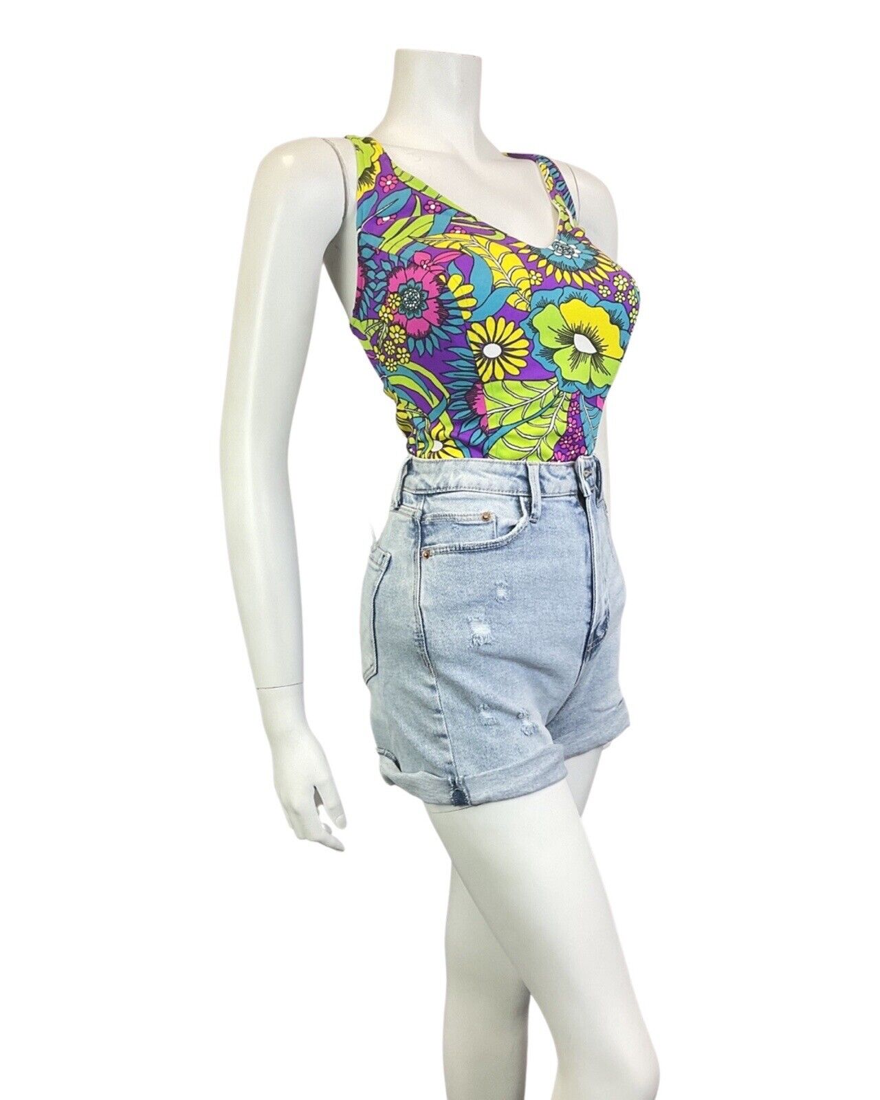 VINTAGE 60s 70s PURPLE YELLOW BLUE PSYCHEDELIC FLORAL SKIRTED SWIMSUIT 16 18