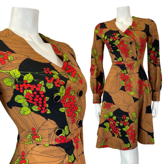 VINTAGE 60s 70s BROWN BLACK RED LEAFY BERRY MOD FIT & FLARE SHORT DRESS 6 8