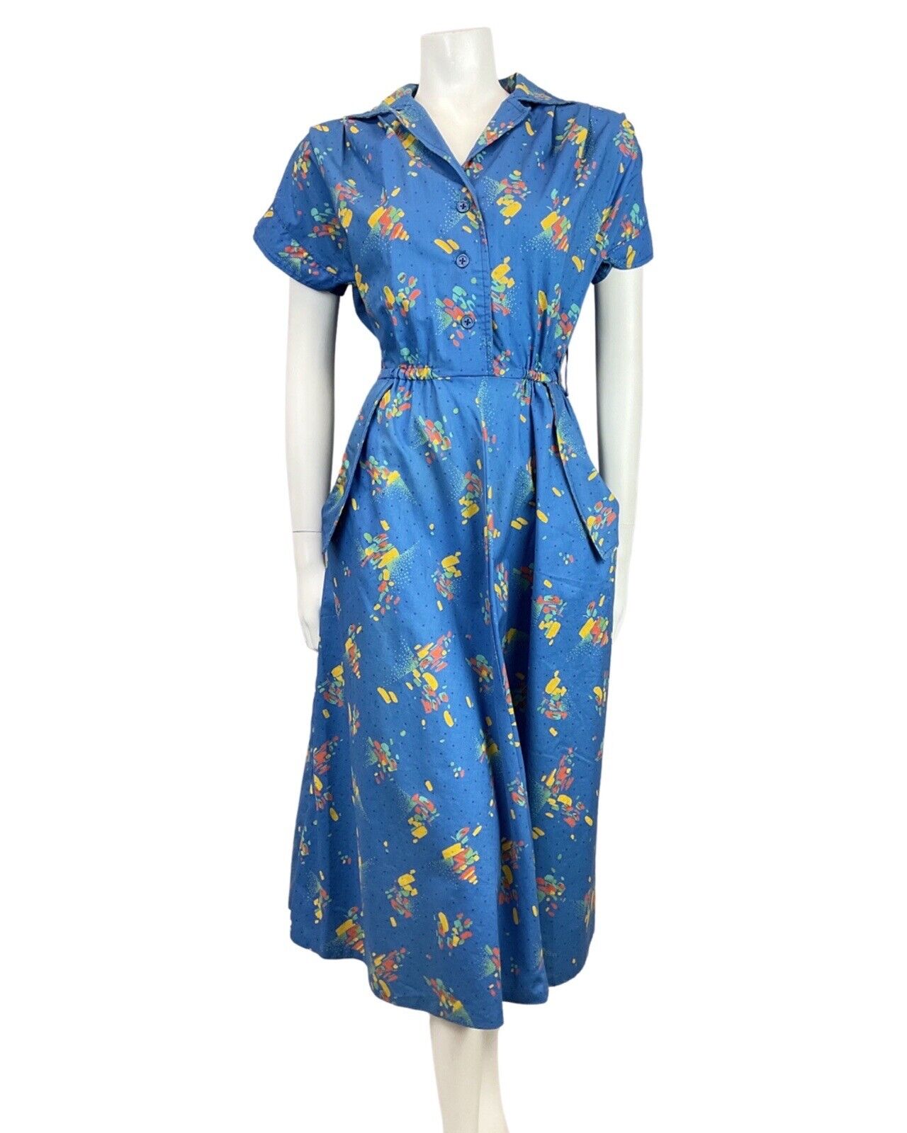 VTG 80s does 50s BLUE ORANGE GREEN ABSTRACT PAINT-STROKE SHIRT TEA-DRESS 10 12