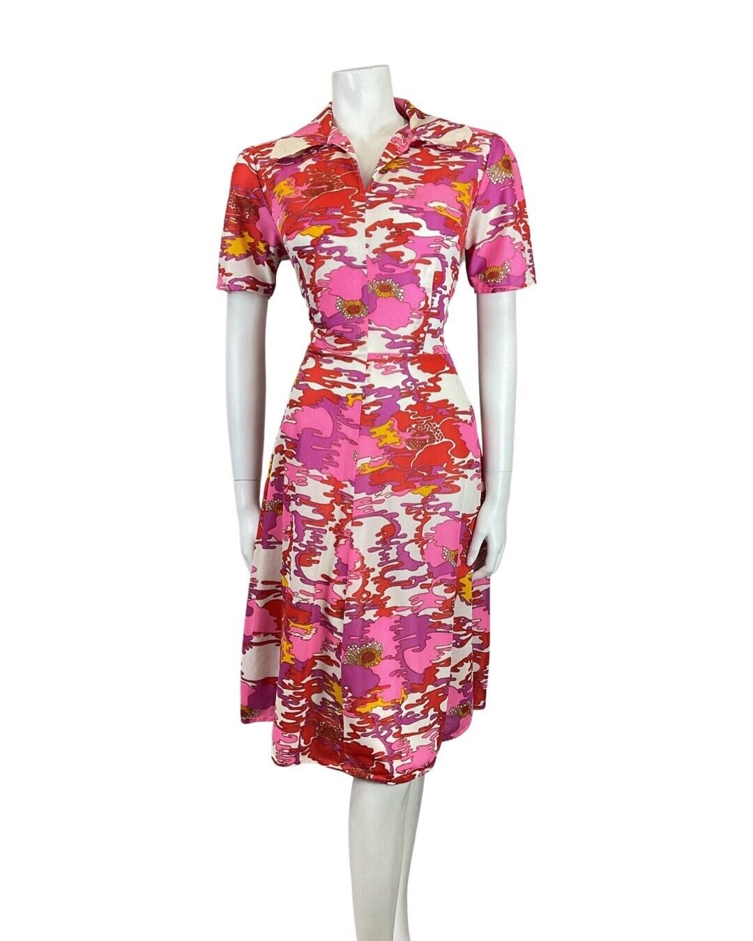 VINTAGE 60s 70s PINK RED PURPLE PSYCHEDELIC FLORAL MOD DAGGER SHIRT DRESS 10 12