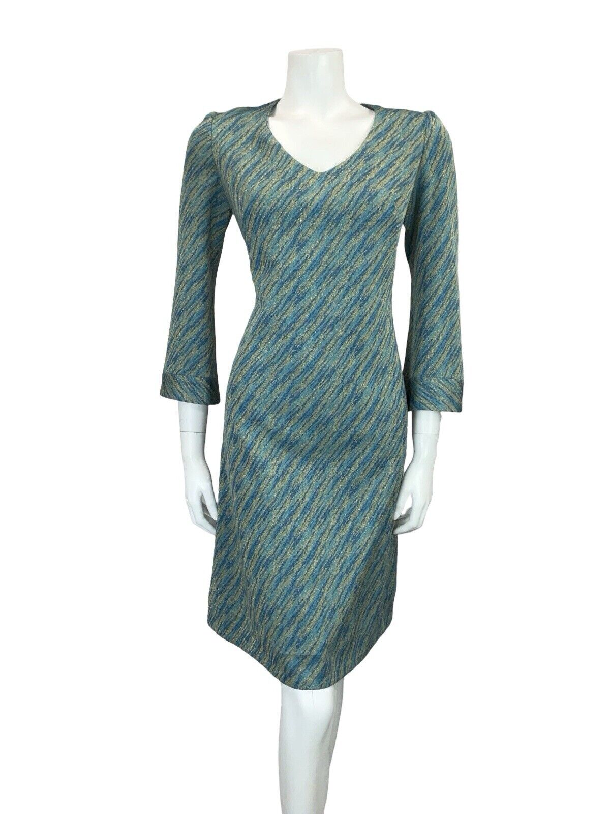 VTG 60S 70S MOD GOGO BLUE TEAL GOLD BELL SLEEVE V NECK PARTY MINI DRESS S 8 10