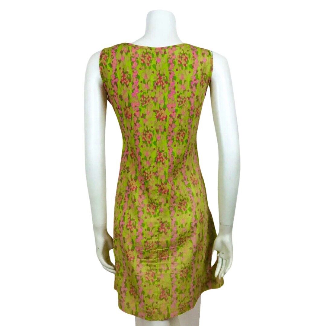 VINTAGE 60s BRIGHT GREEN PINK PSYCHEDELIC SHIFT DRESS 12 14