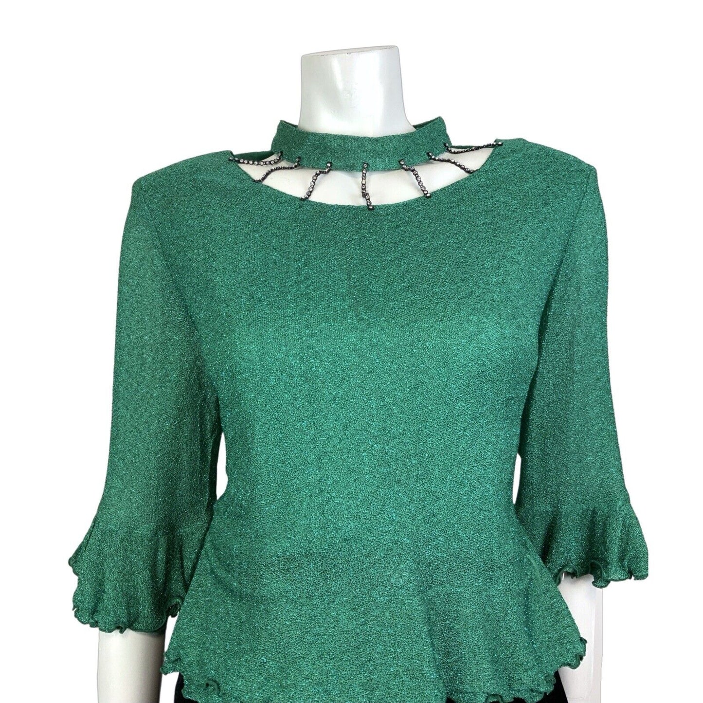 VINTAGE 60s 70s METALLIC GREEN DIAMANTE CUT-OUT RUFFLED DISCO PARTY TOP 16