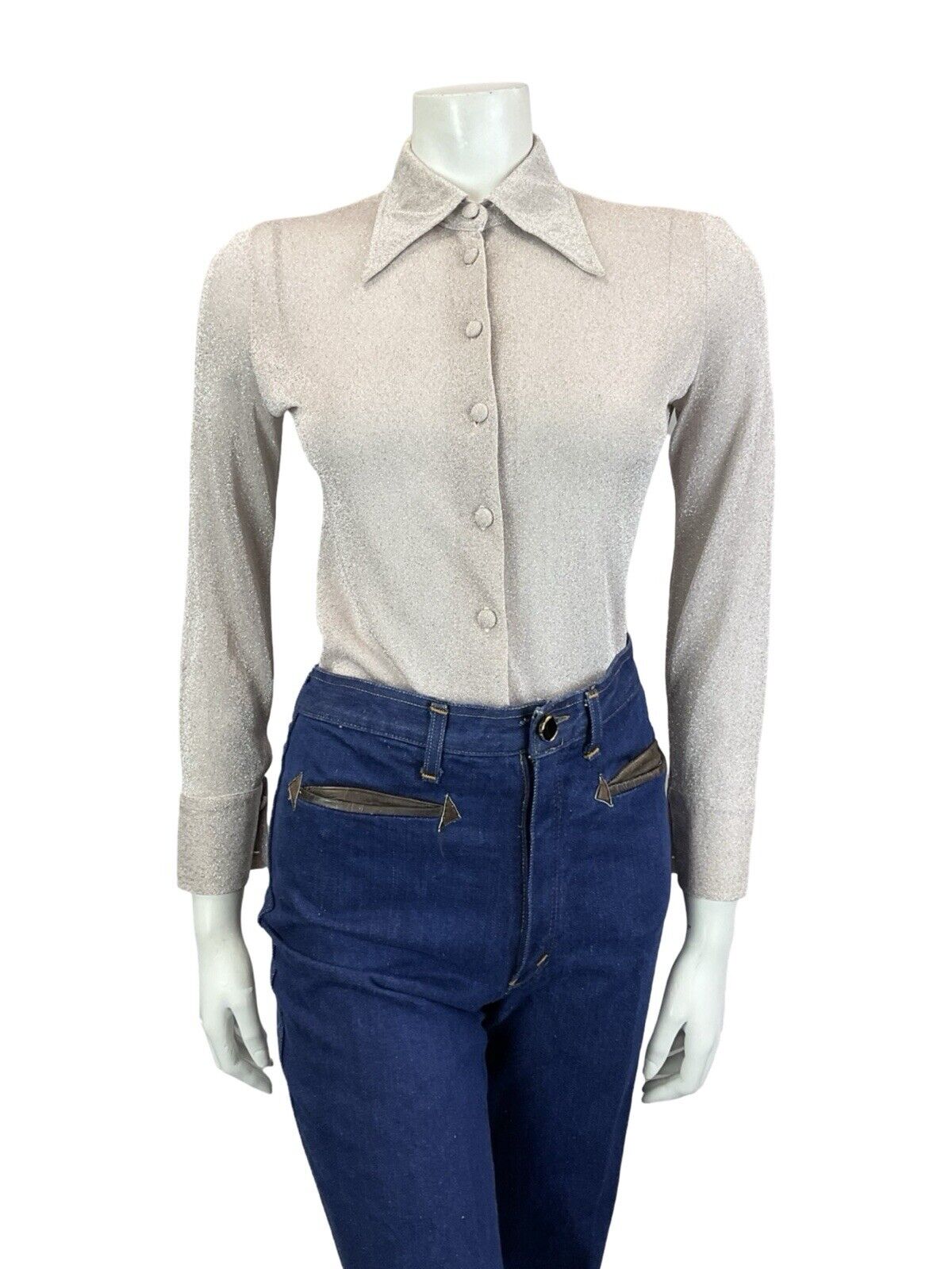 VTG 60S 70S WHITE PASTEL PINK DAGGER COLLAR LONG SLEEVE LUREX PARTY SHIRT 6