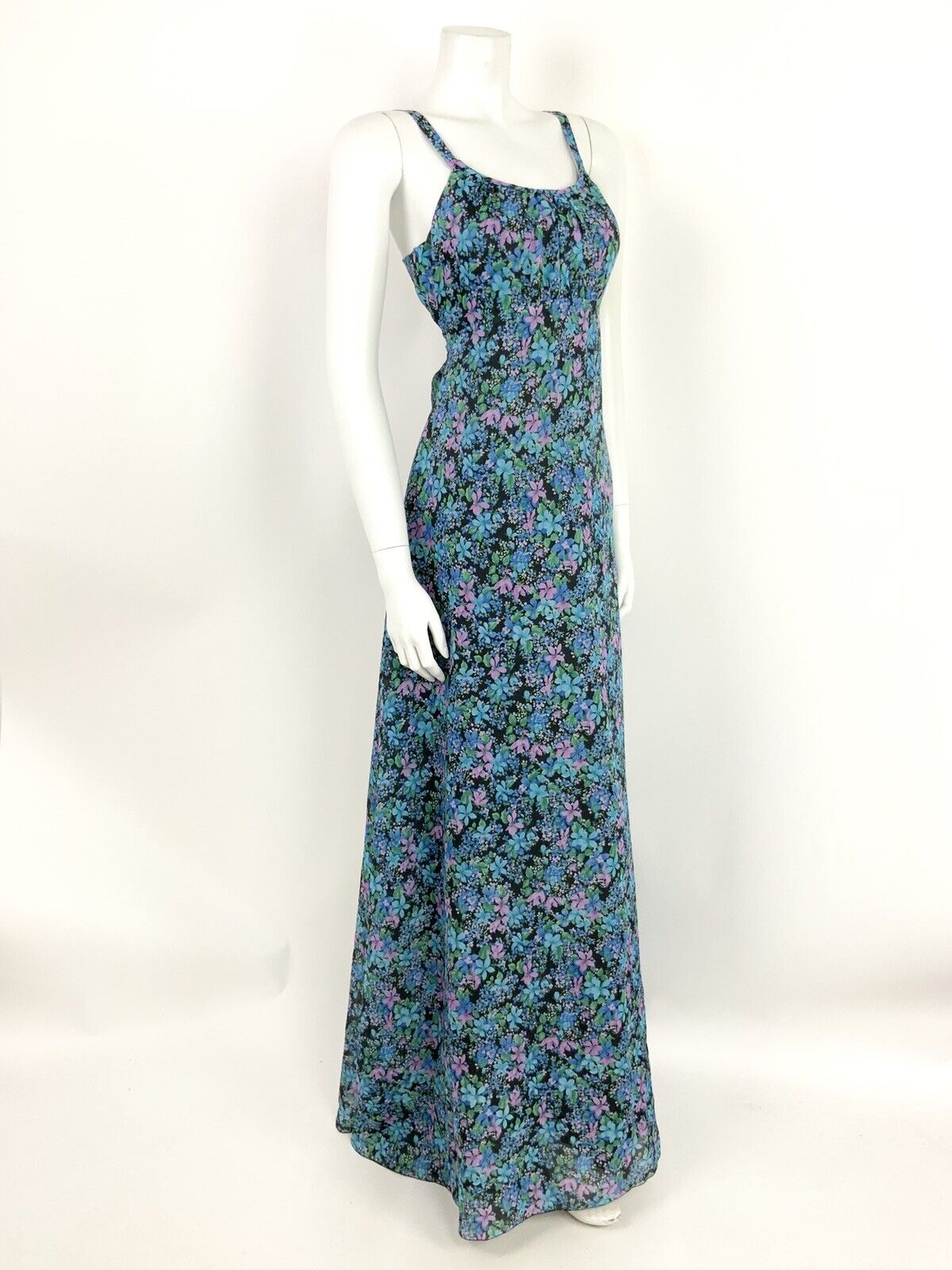VINTAGE 60s 70s BLUE PINK BLACK GREEN DITSY FLORAL SHEER MAXI DRESS 6