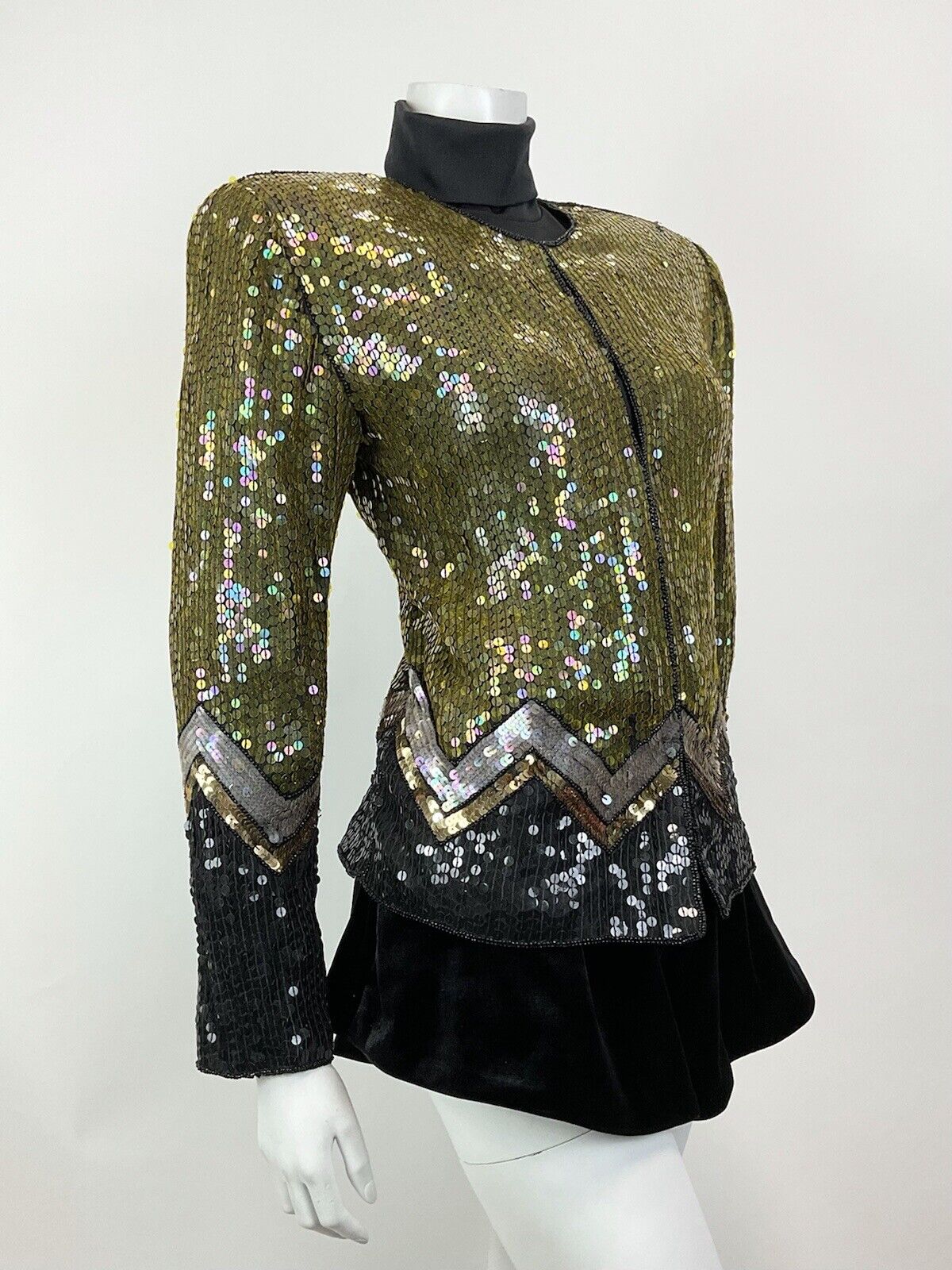 VINTAGE 70s 80s GOLD BLACK SILVER SEQUIN ZIG-ZAG DISCO PARTY TROPHY JACKET 8 10