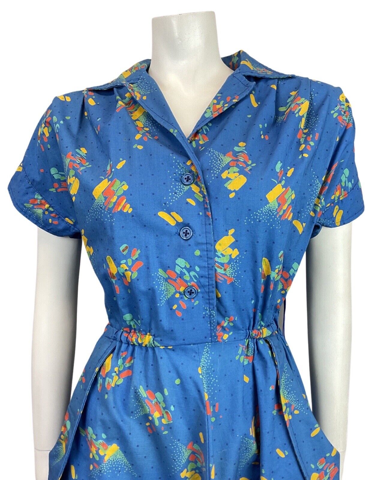 VTG 80s does 50s BLUE ORANGE GREEN ABSTRACT PAINT-STROKE SHIRT TEA-DRESS 10 12