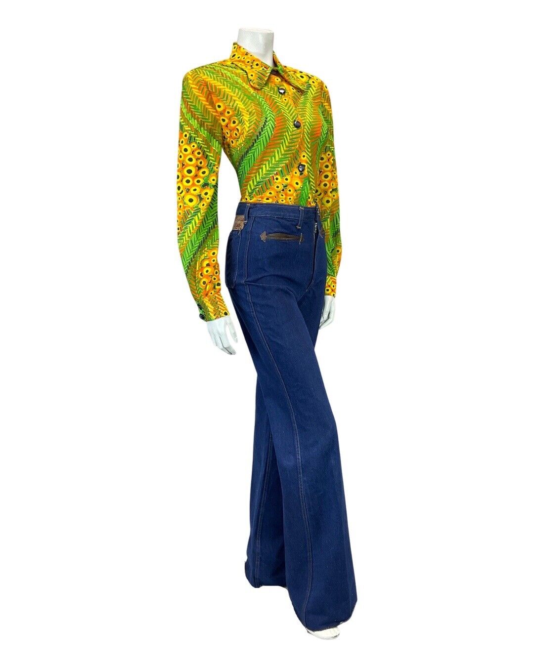 VINTAGE 60s 70s YELLOW GREEN PSYCHEDELIC DOTTY BEAGLE COLLAR MOD SHIRT 12 14